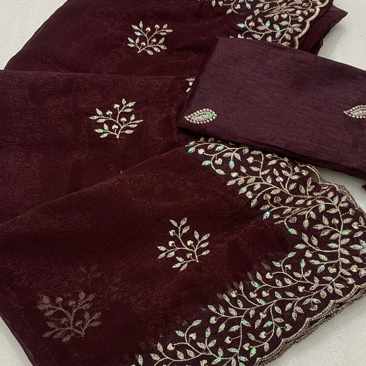 Brown Sequins Embroidered Shimmer Silk Saree - Image 2