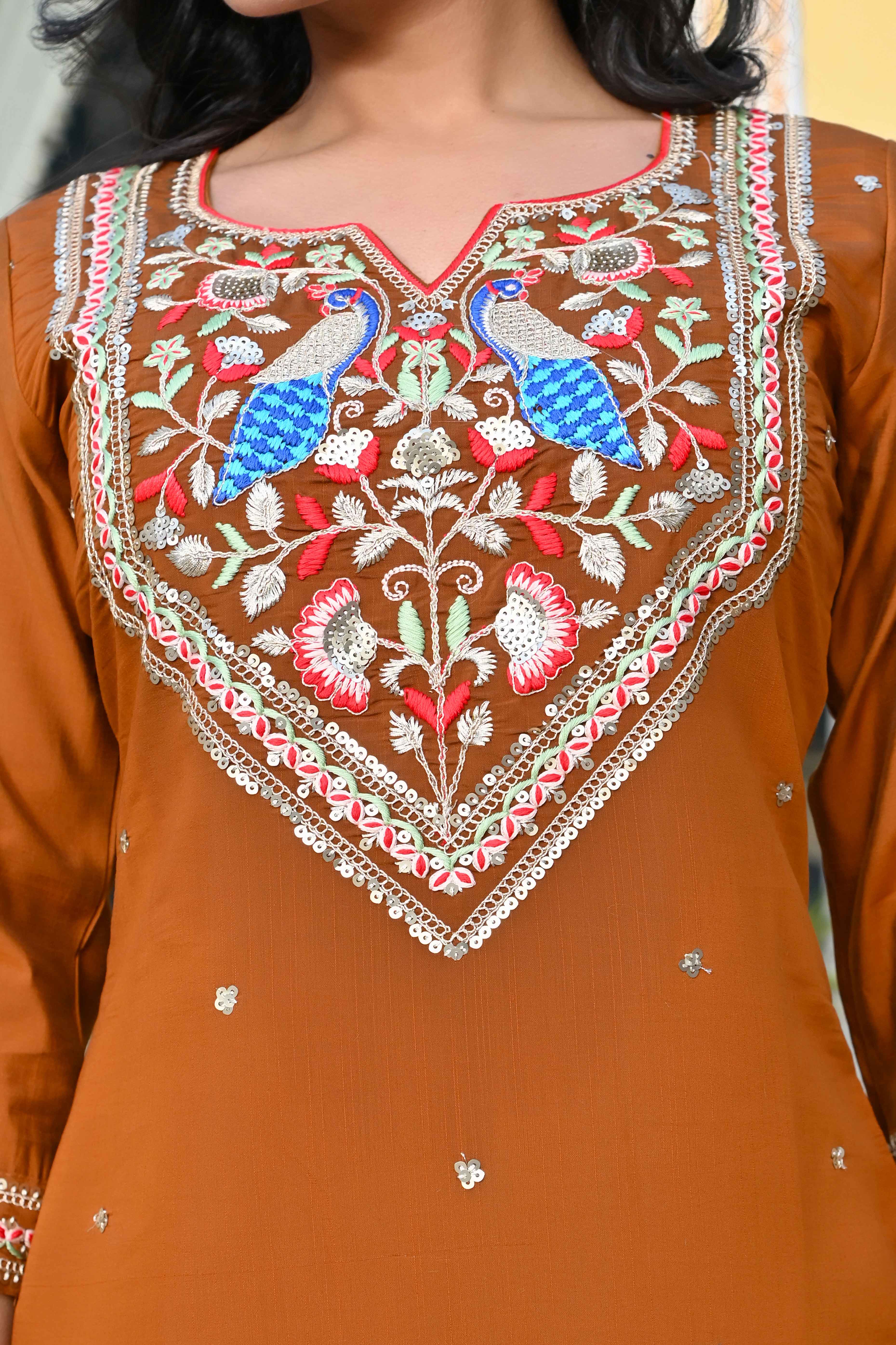 Brown Sequins Embroidered Viscose Salwar Suit - Image 2