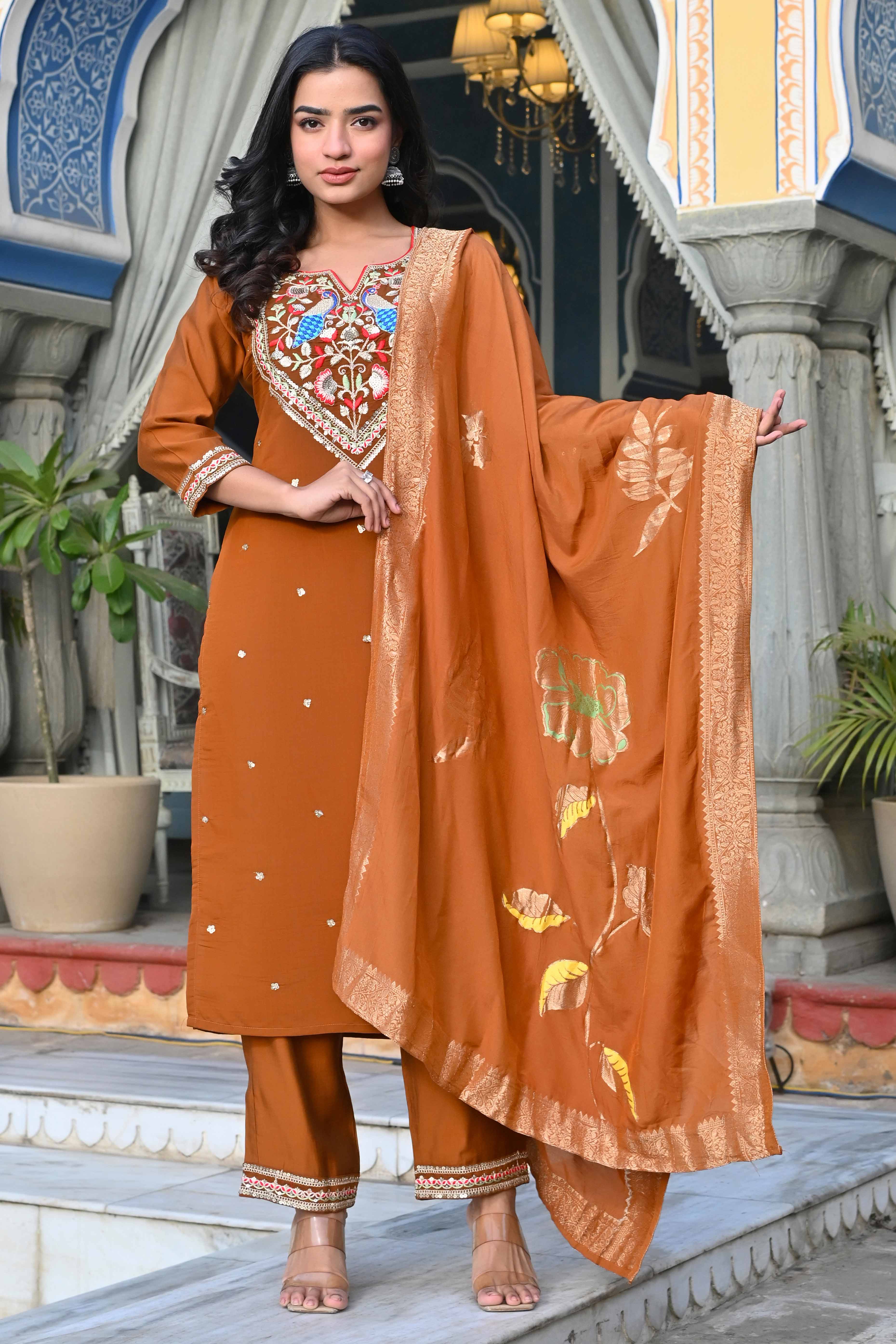 Brown Sequins Embroidered Viscose Salwar Suit - Image 3