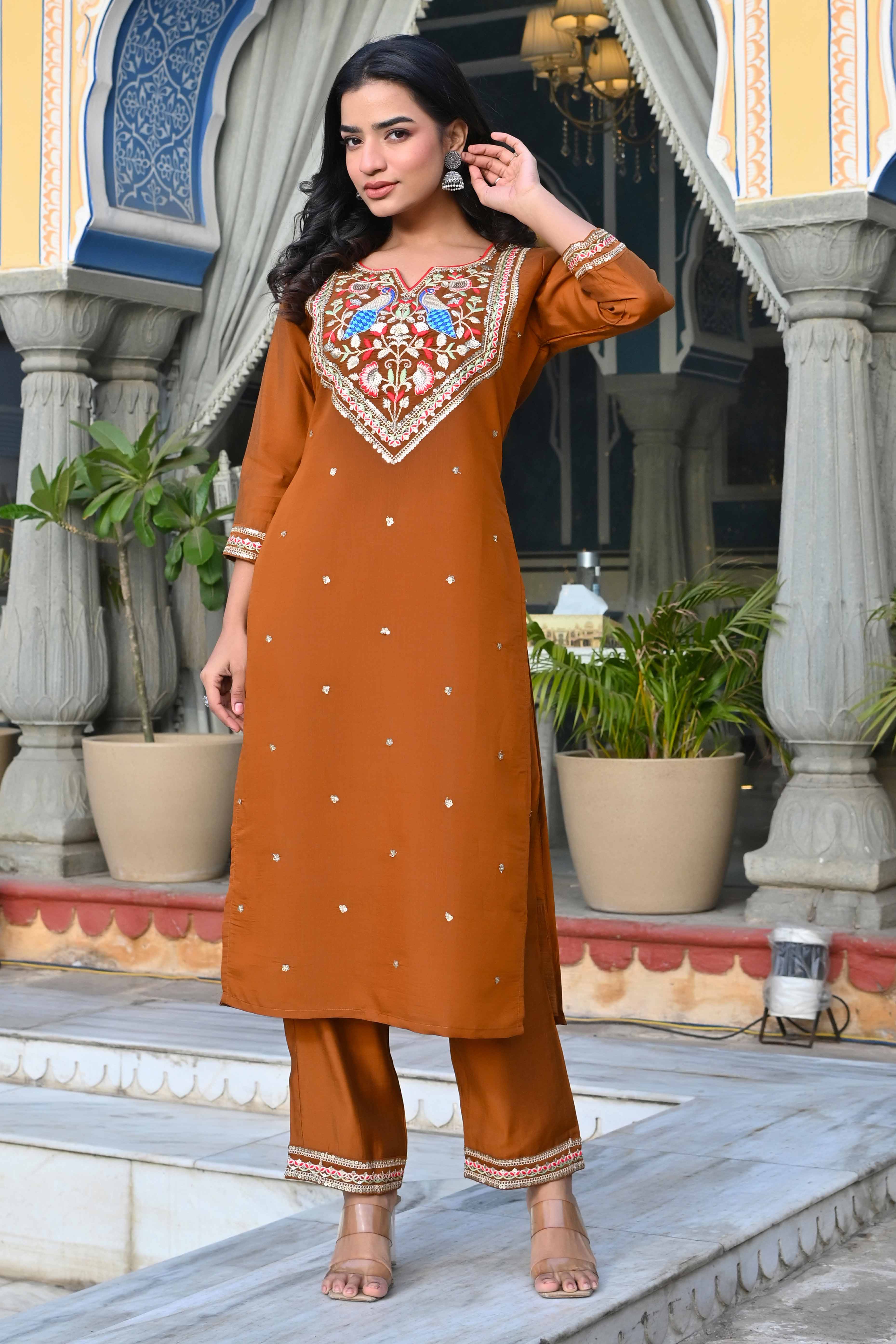 Brown Sequins Embroidered Viscose Salwar Suit - Image 6