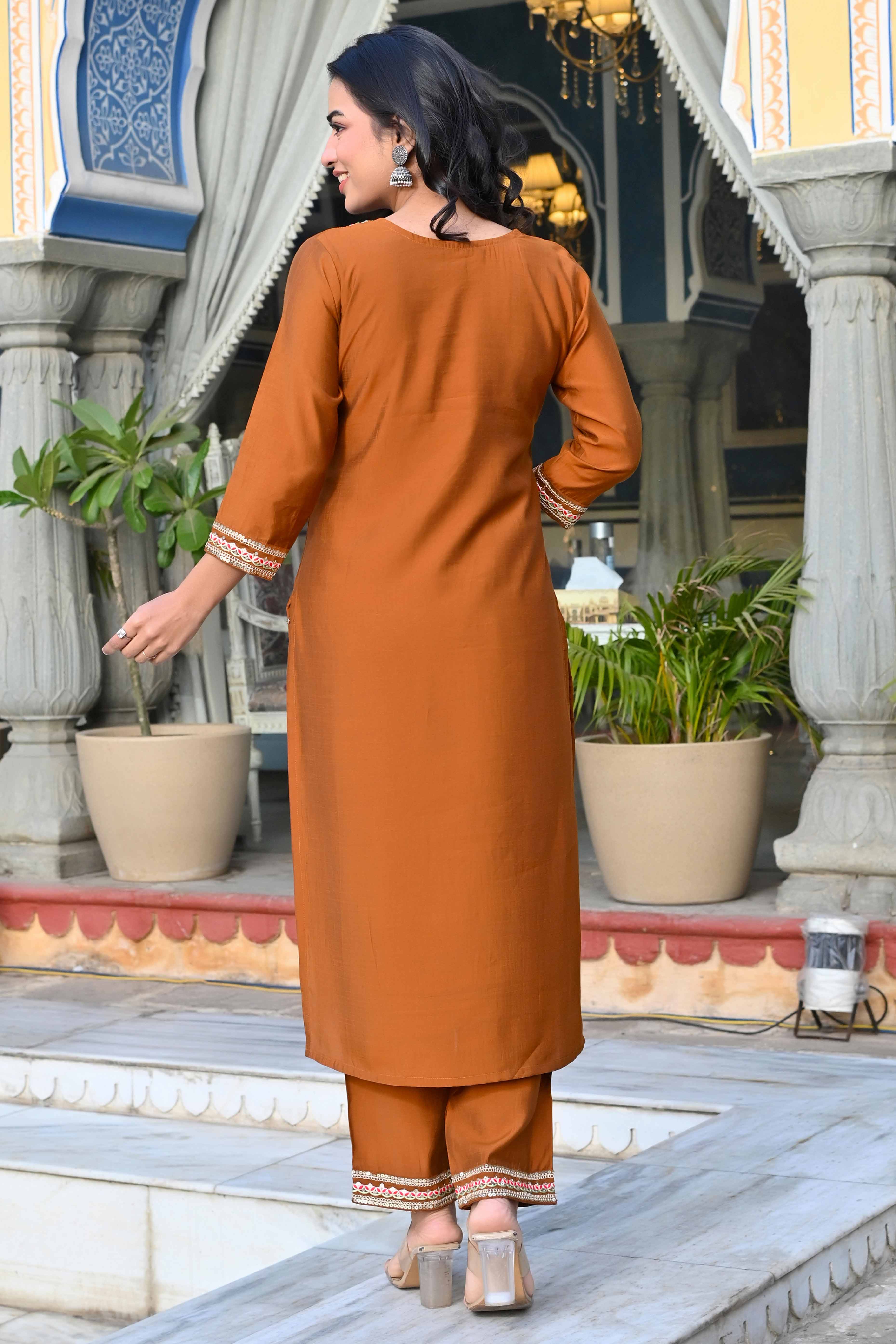 Brown Sequins Embroidered Viscose Salwar Suit - Image 7