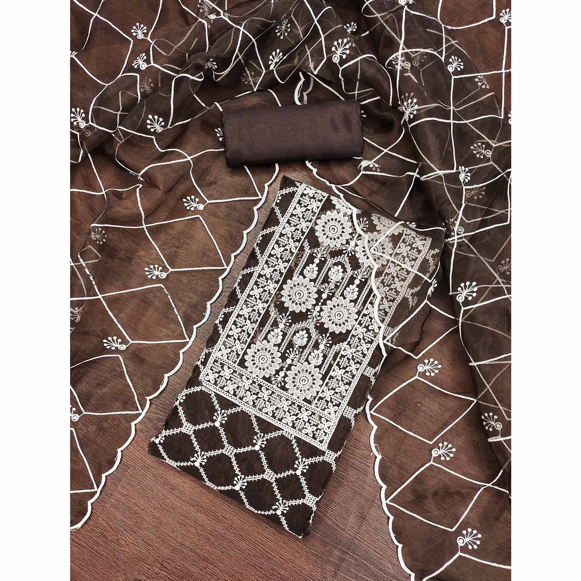 Brown Sheer Organza Suit Material with Floral Embroidery Detailing - Image 3