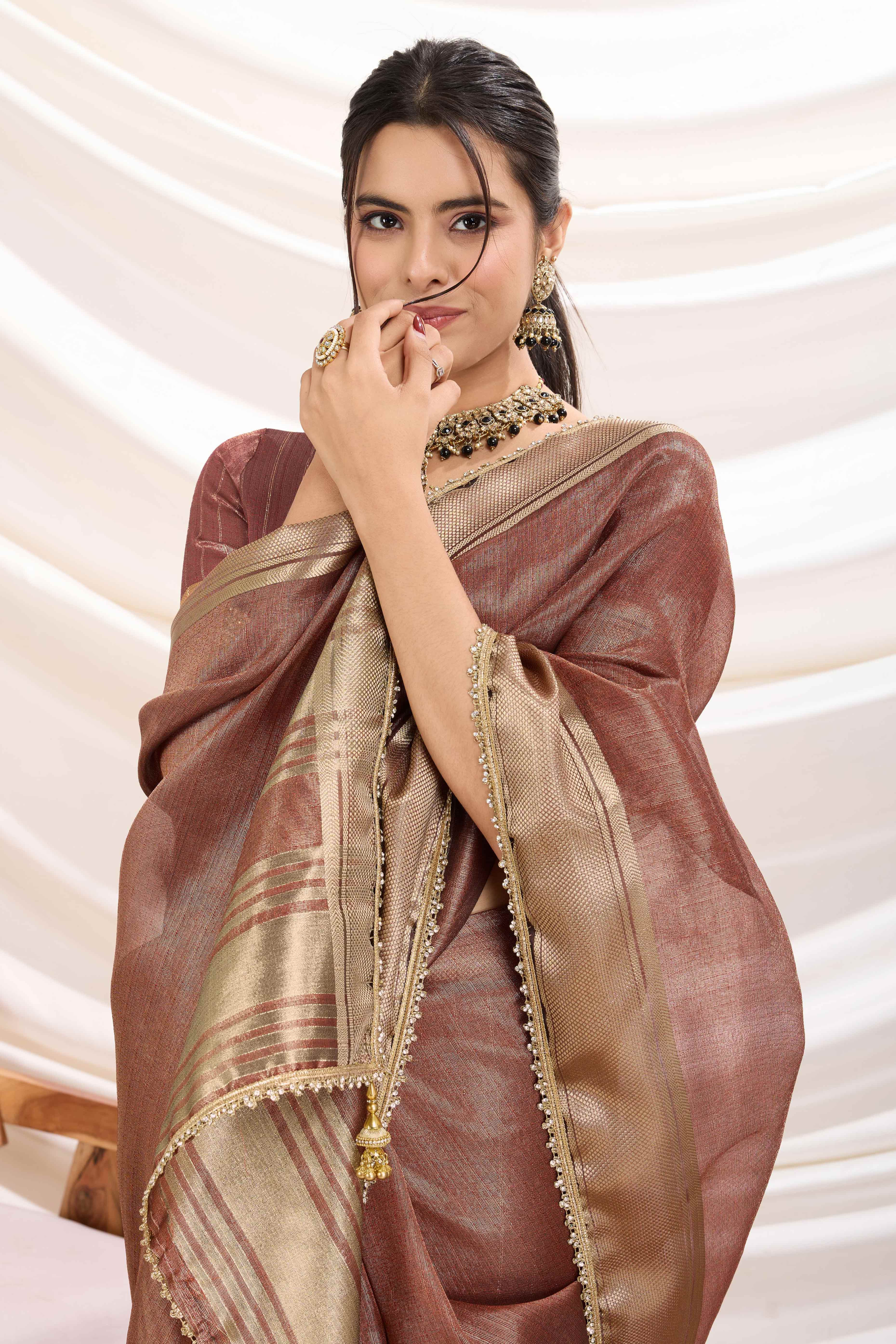 Brown Solid Linen Tissue Saree With Weaving & Zarkan Lace Border - Image 8