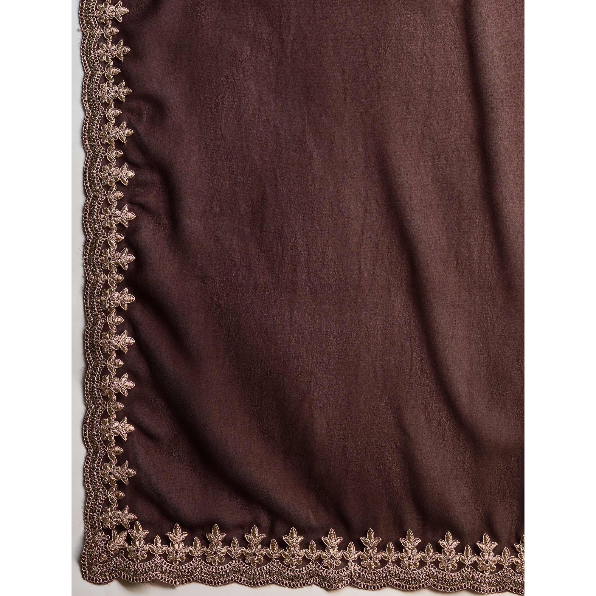 Brown Solid With Zari Embroidered Georgette Saree - Image 8