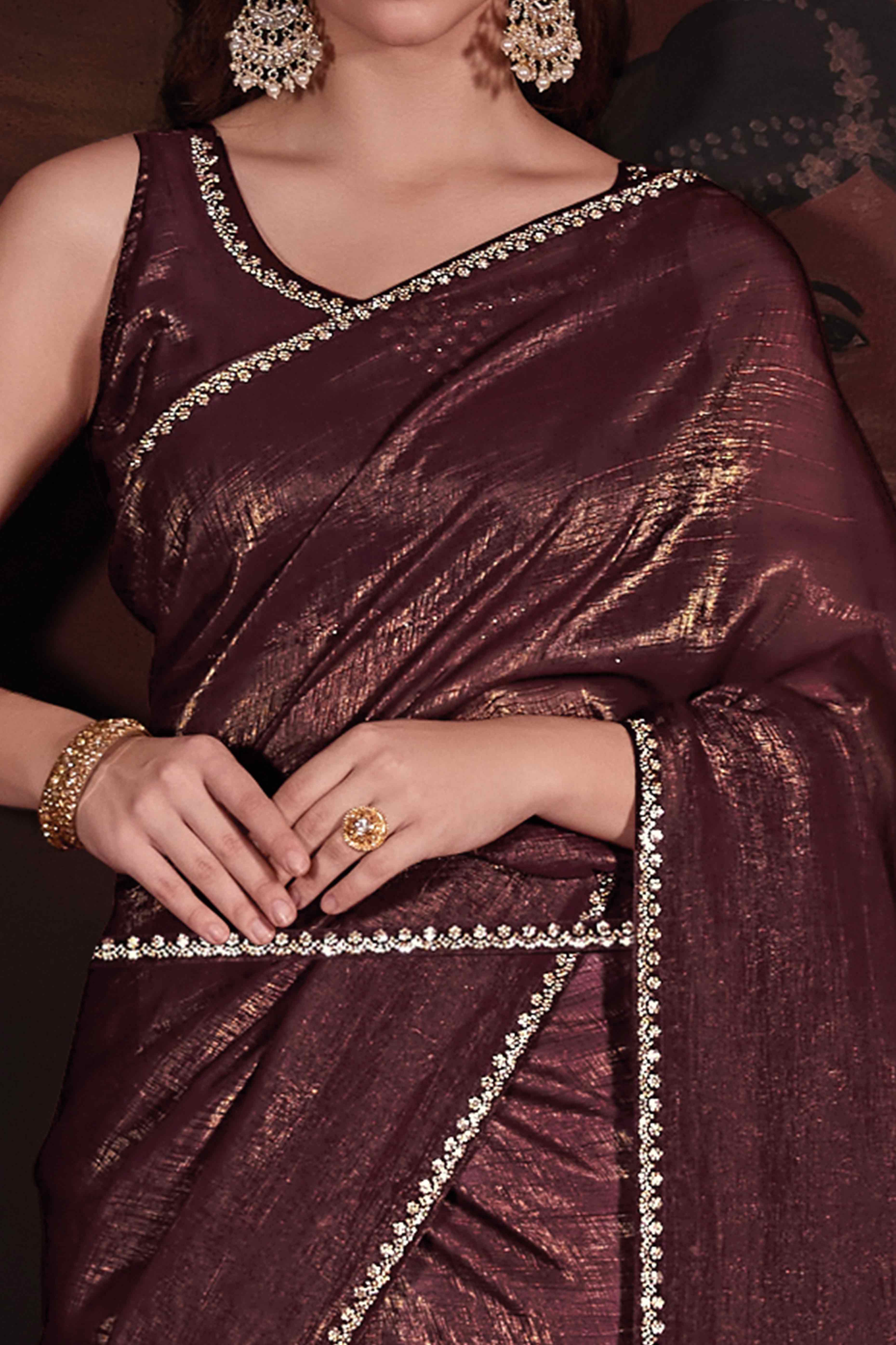 Brown Solid With Zarkan Border Art Silk Saree With Belt - Image 2