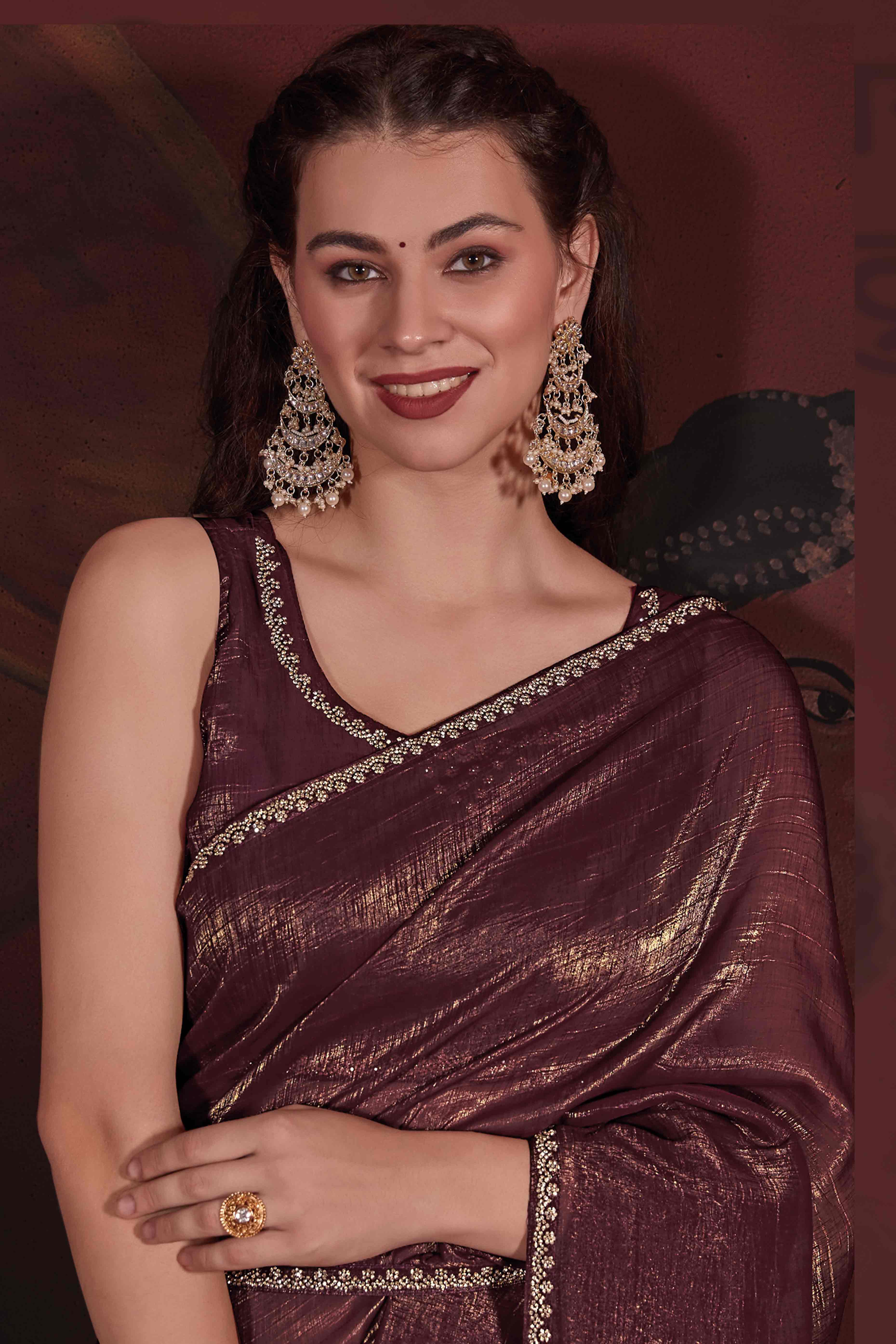 Brown Solid With Zarkan Border Art Silk Saree With Belt - Image 4
