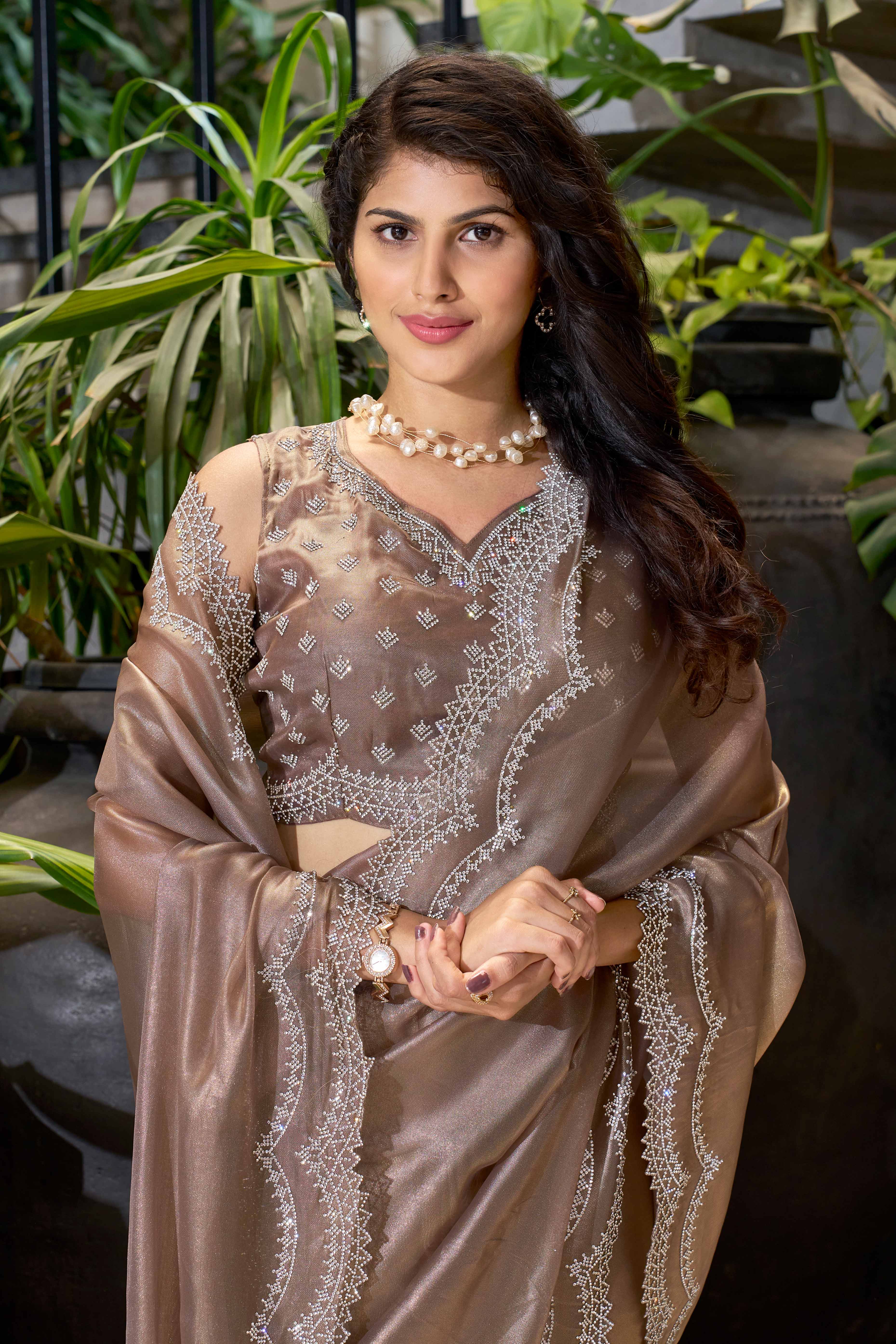 Royal Brown Organza Solid Saree Adorned With Zarkan Accents - Image 5
