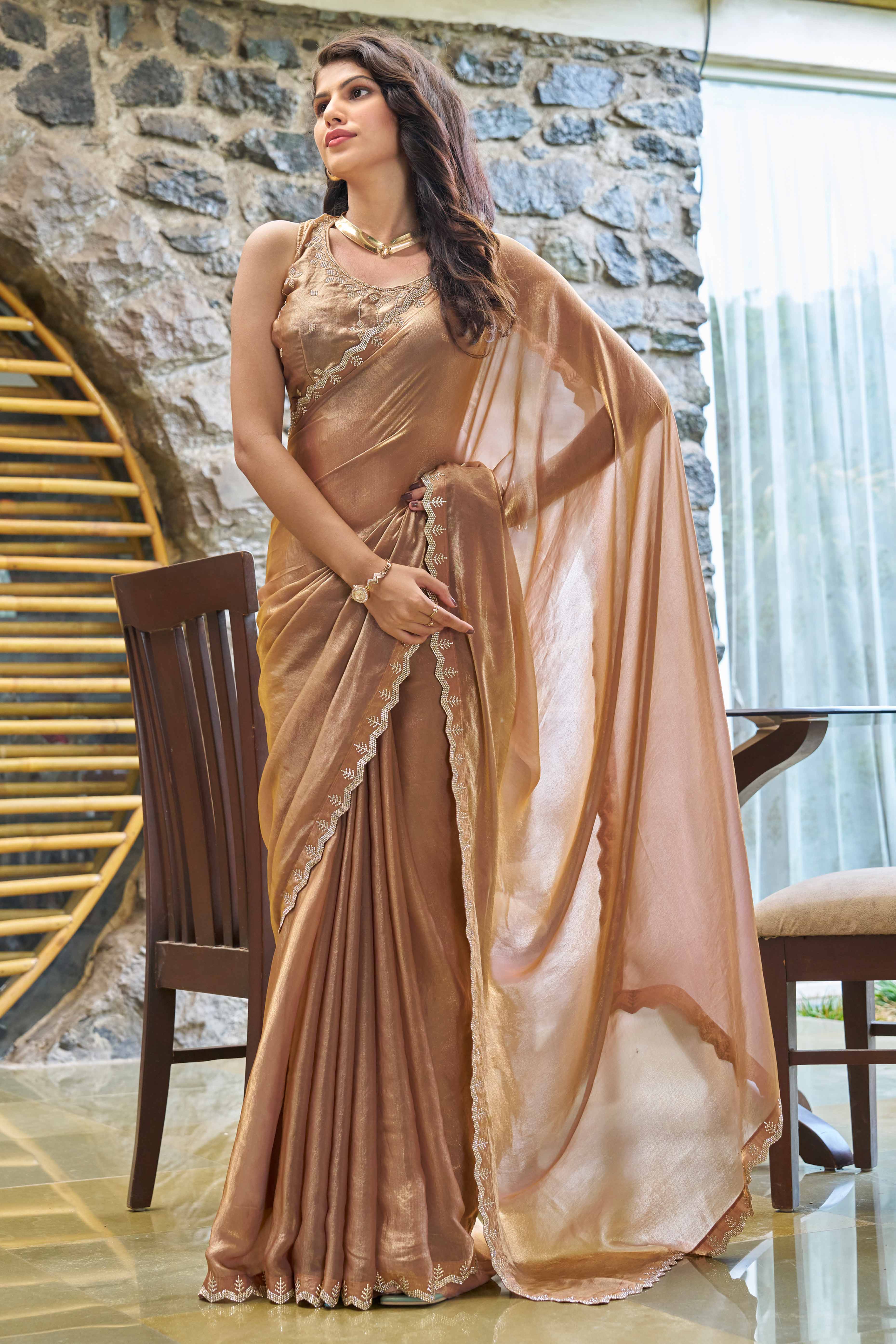 Graceful Emerald Brown Georgette Solid Saree With Luxurious Handwork