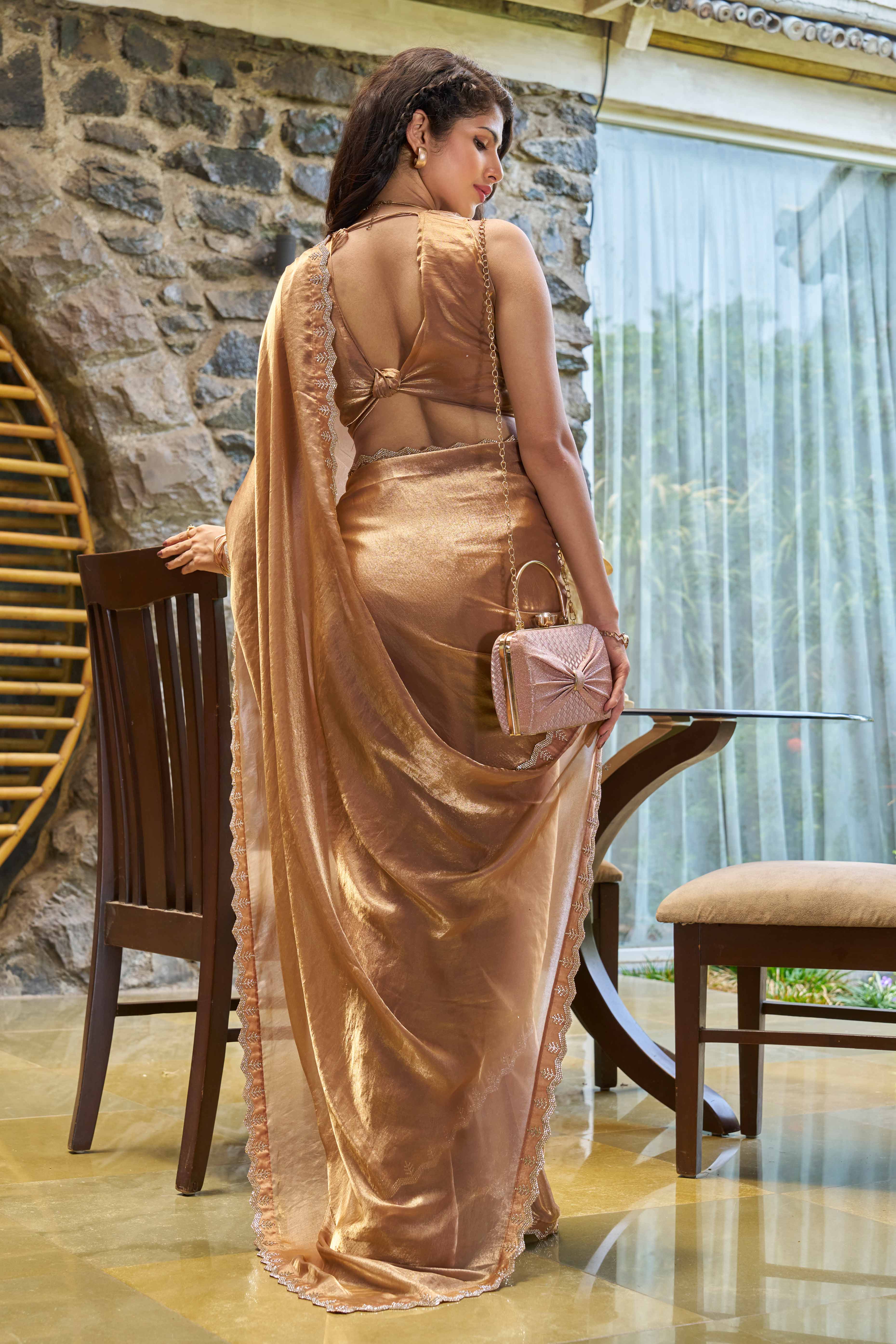 Graceful Emerald Brown Georgette Solid Saree With Luxurious Handwork - Image 4