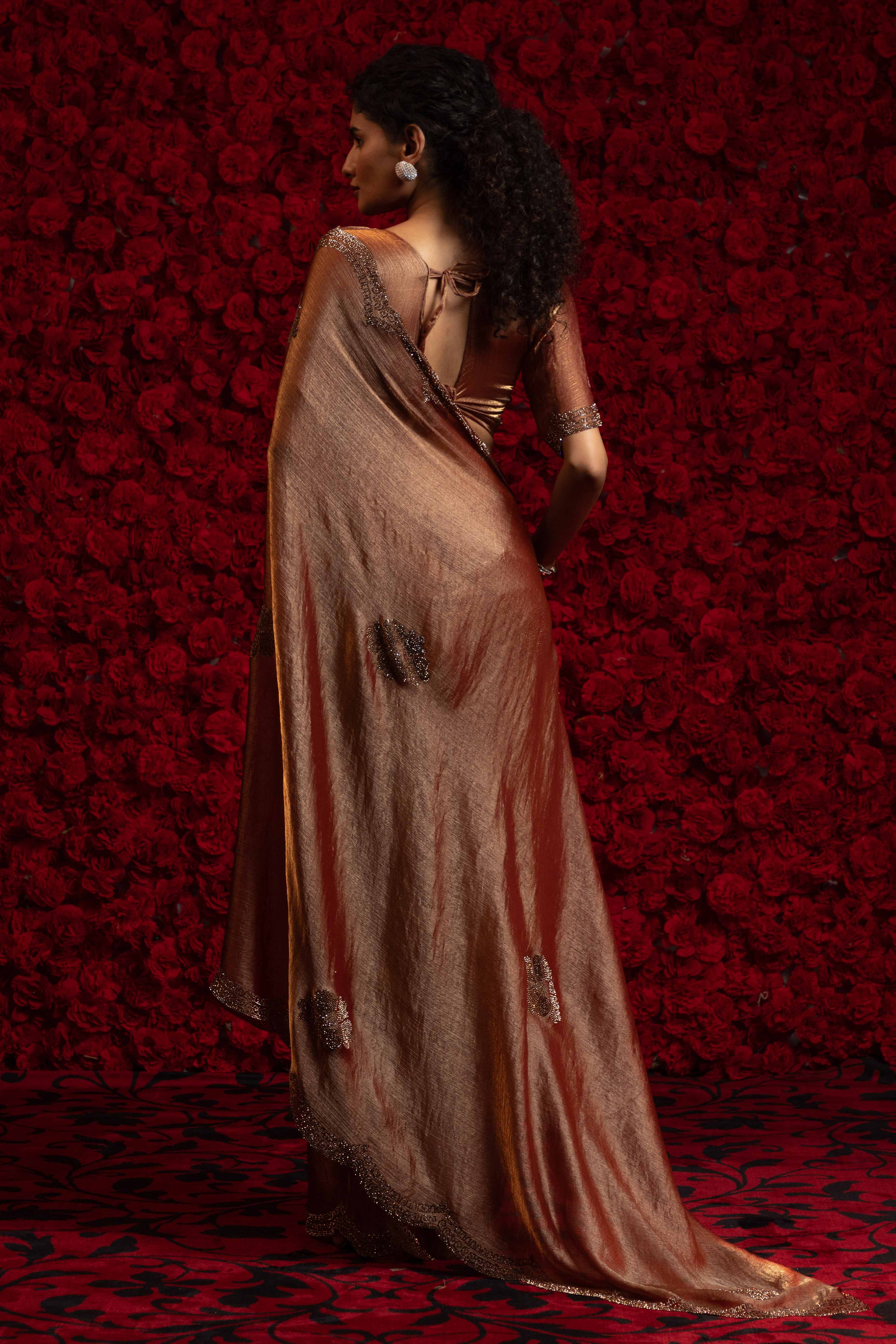 Brown Stone Work Embellished Satin Chiffon Partywear Saree - Image 4