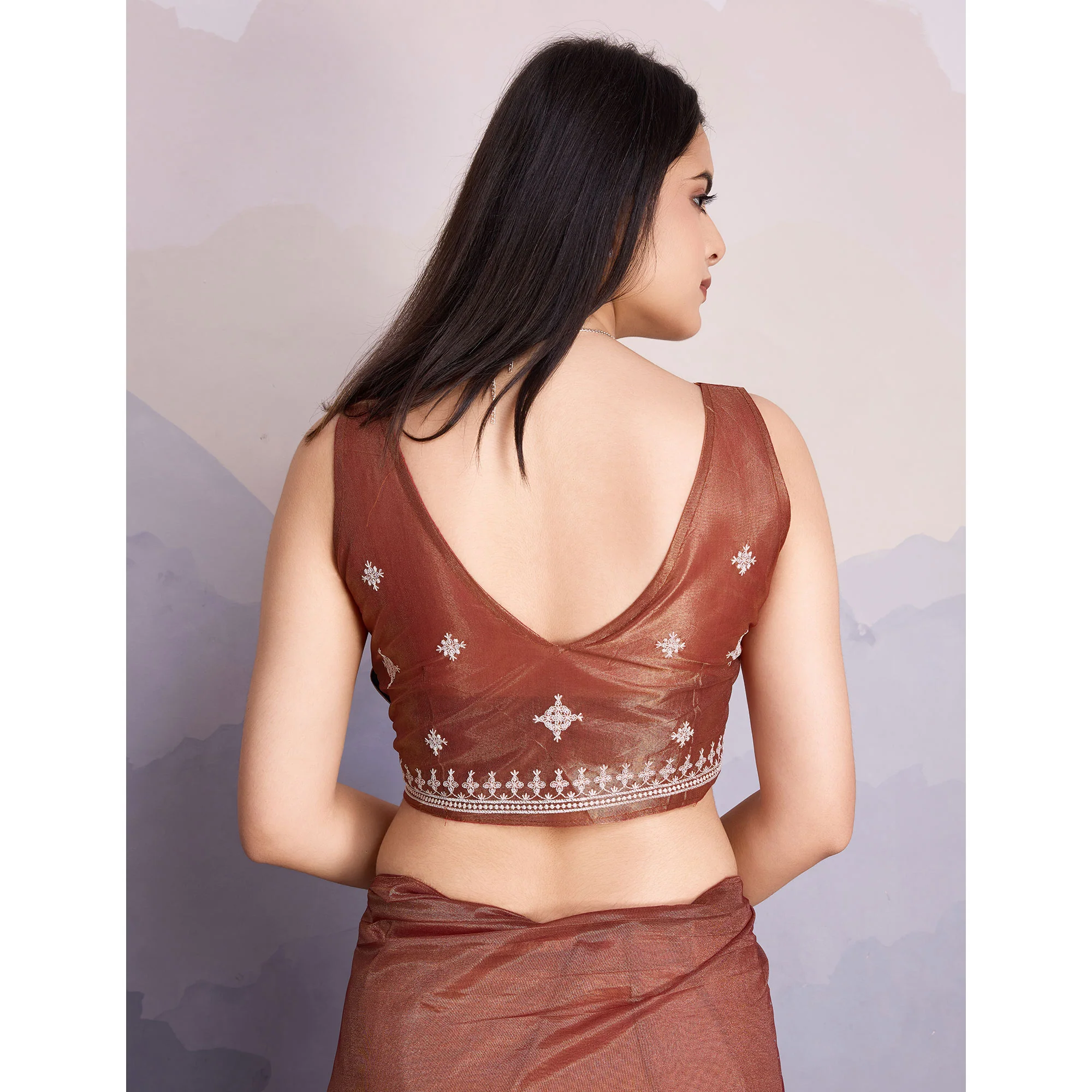 Brown Swarovski Work Embroidered Net Saree - Image 10