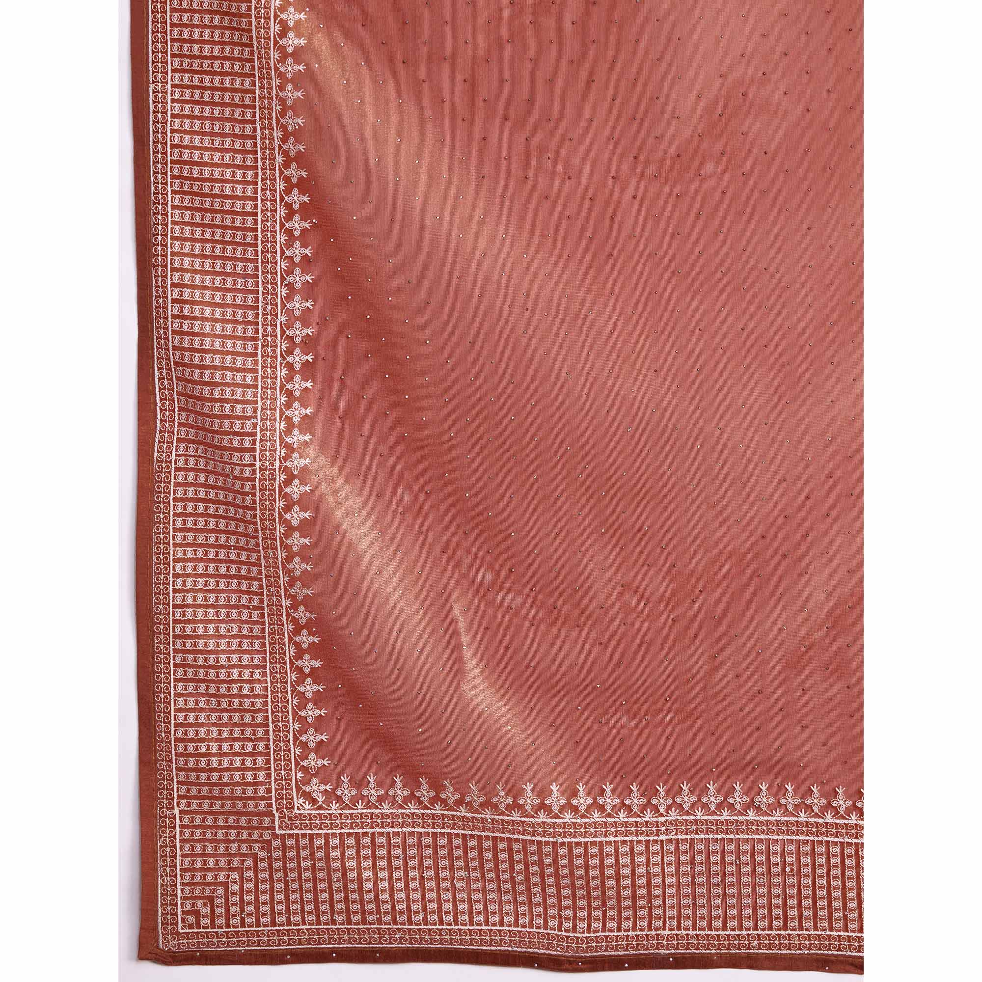 Brown Swarovski Work Embroidered Net Saree - Image 11