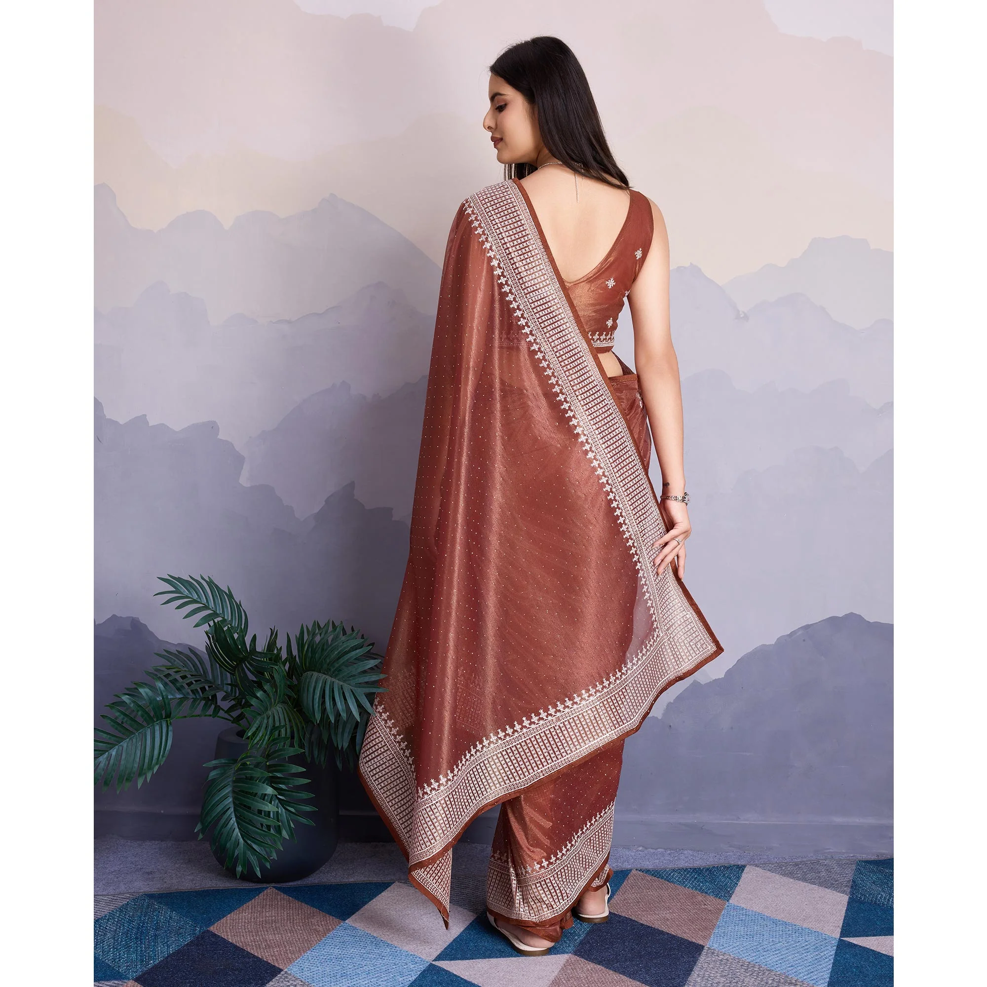 Brown Swarovski Work Embroidered Net Saree - Image 6