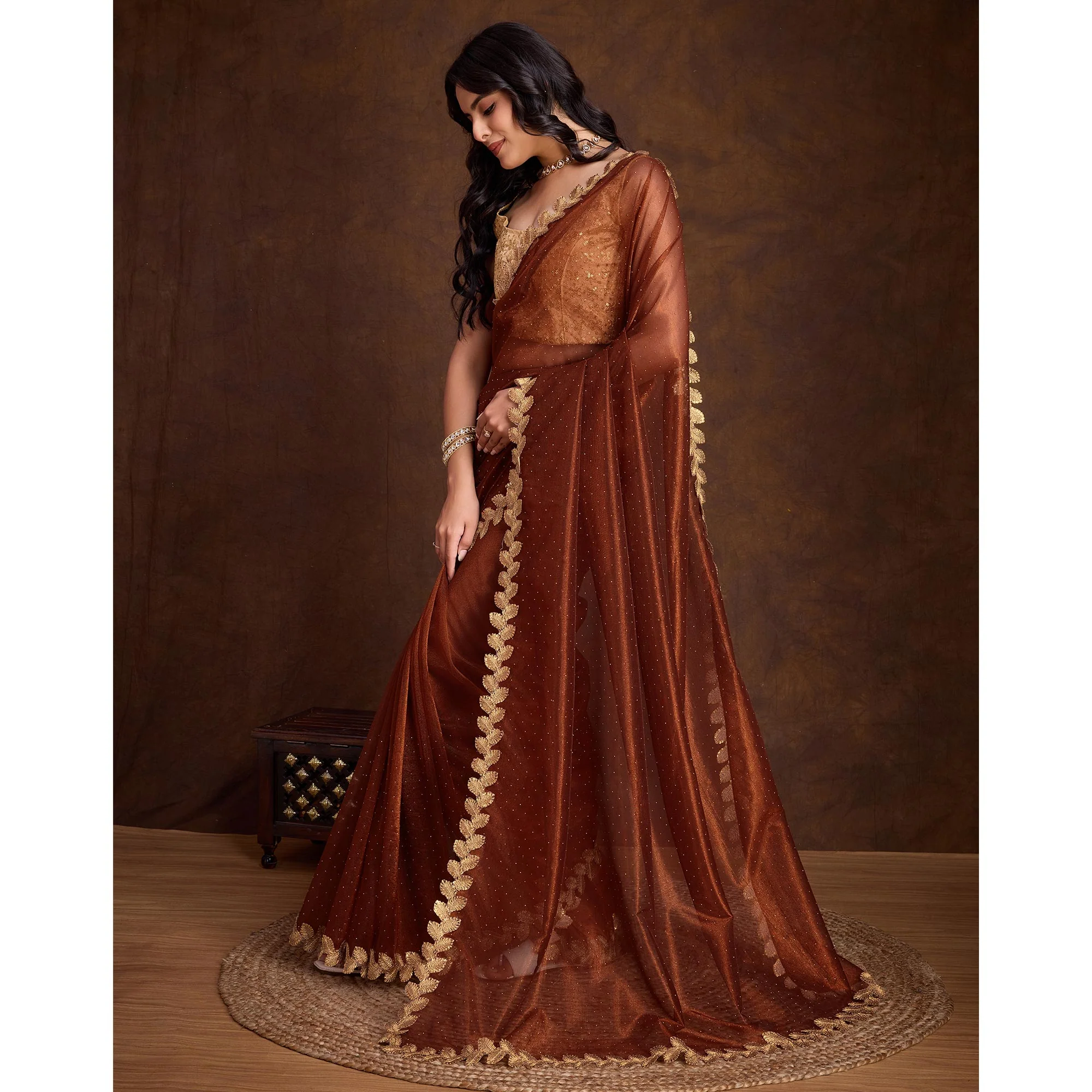 Brown Swarovski Work Shimmer Net Saree - Image 5