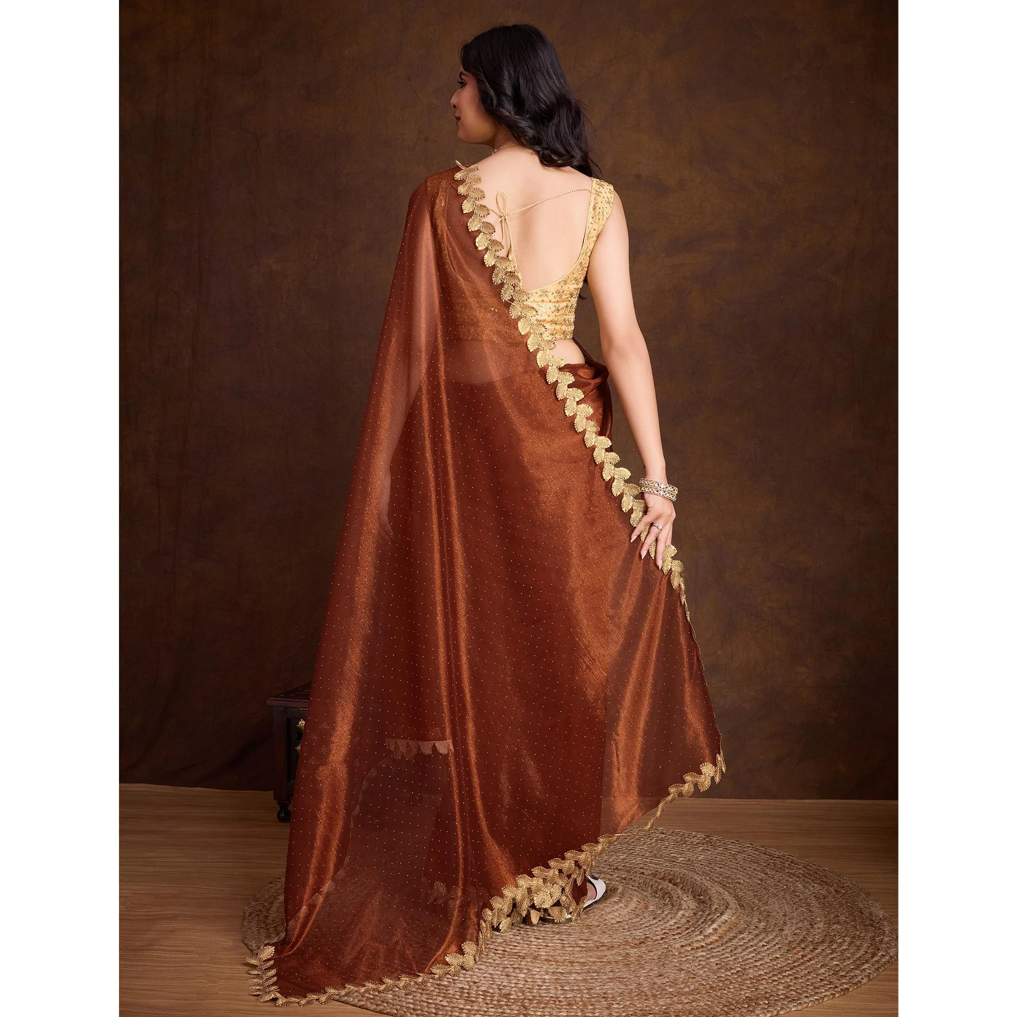 Brown Swarovski Work Shimmer Net Saree - Image 6