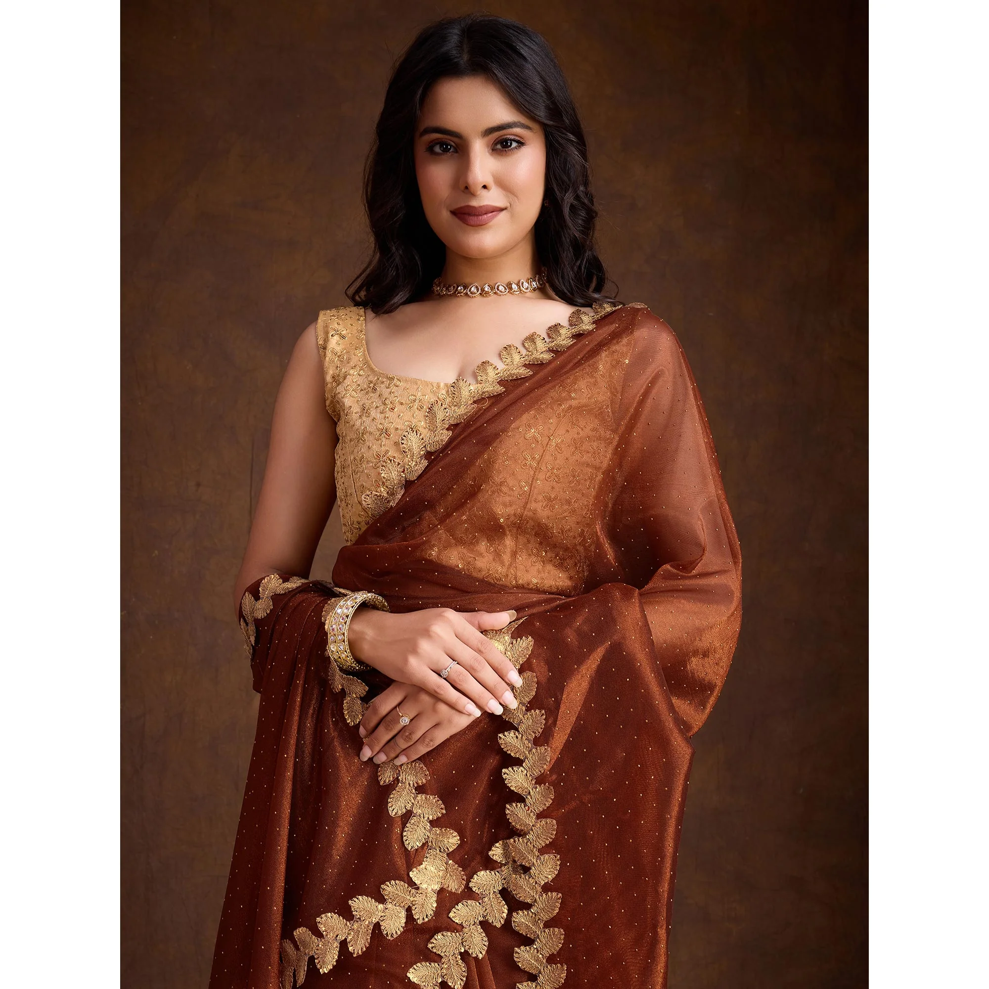 Brown Swarovski Work Shimmer Net Saree - Image 7