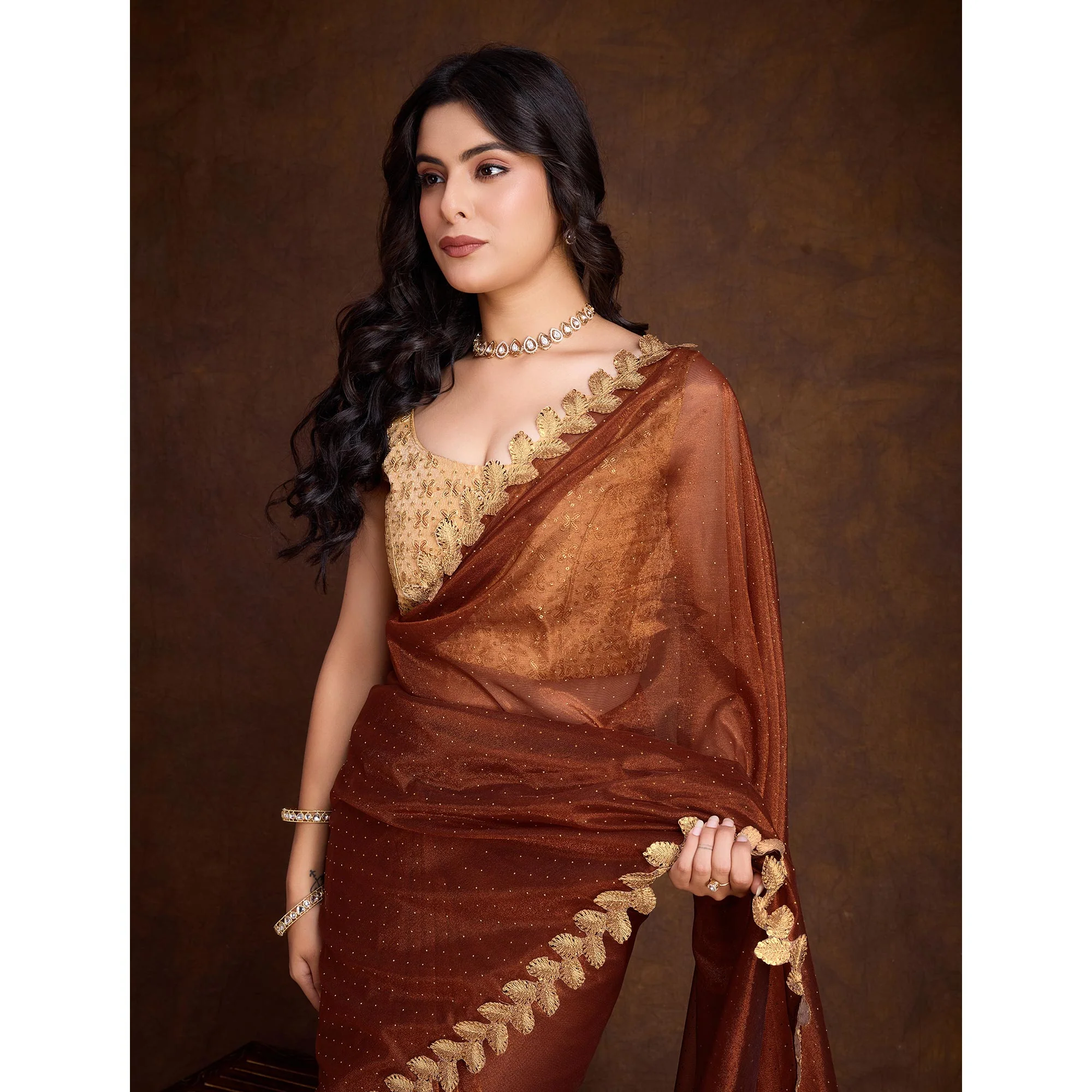 Brown Swarovski Work Shimmer Net Saree - Image 8