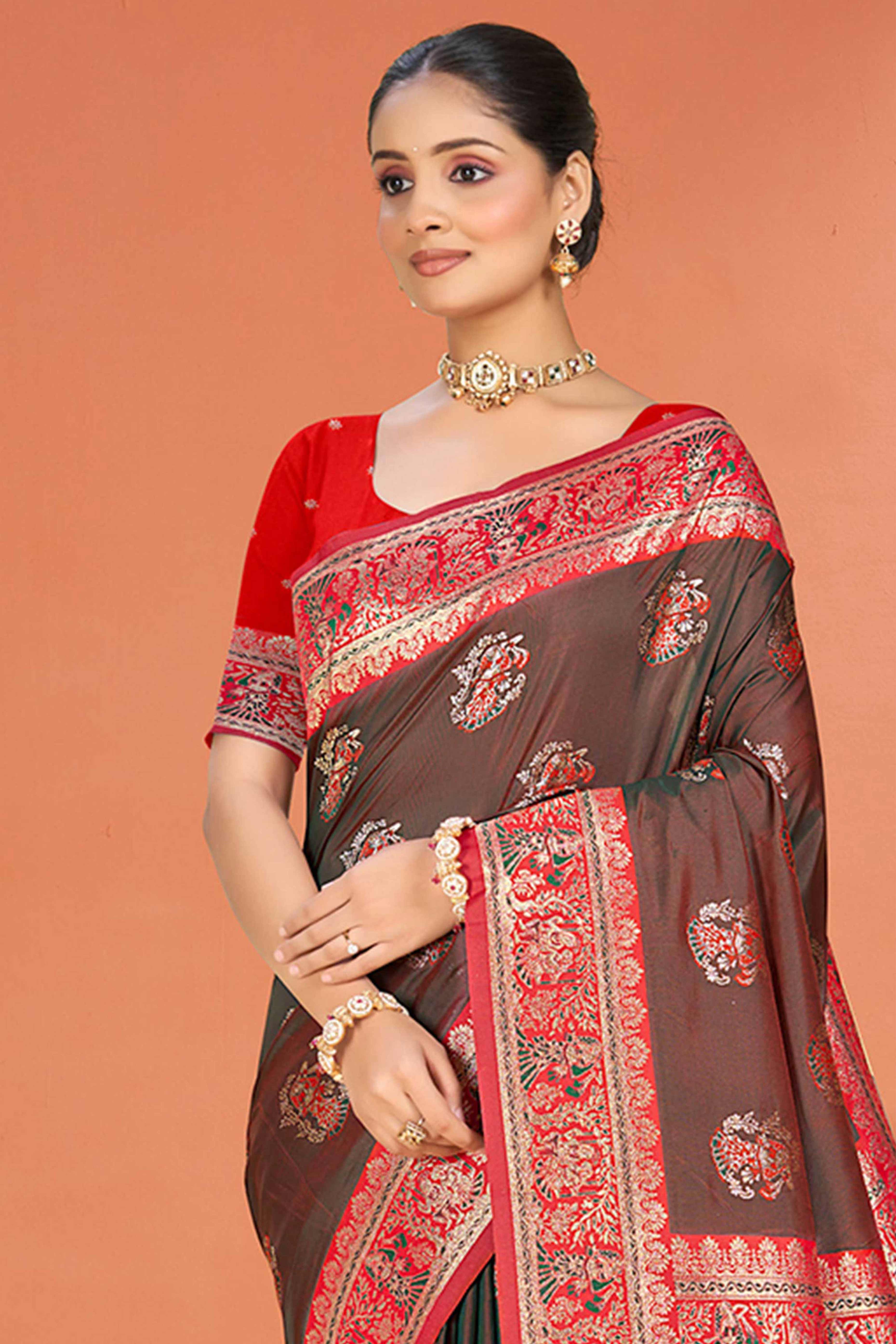 Brown Traditional Zari Weaving Silk Blend Saree Accented With Tassel Pallu - Image 3