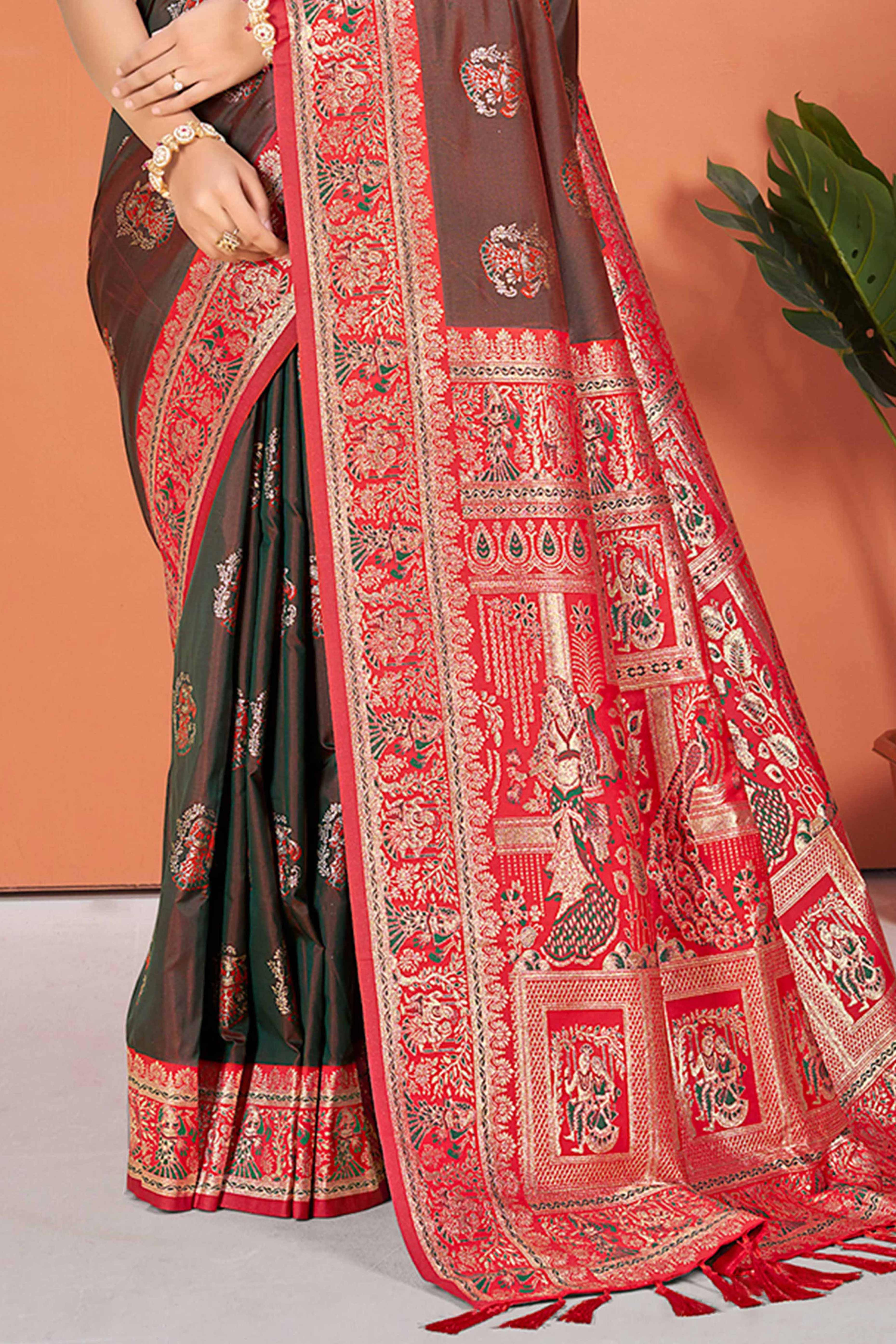 Brown Traditional Zari Weaving Silk Blend Saree Accented With Tassel Pallu - Image 4