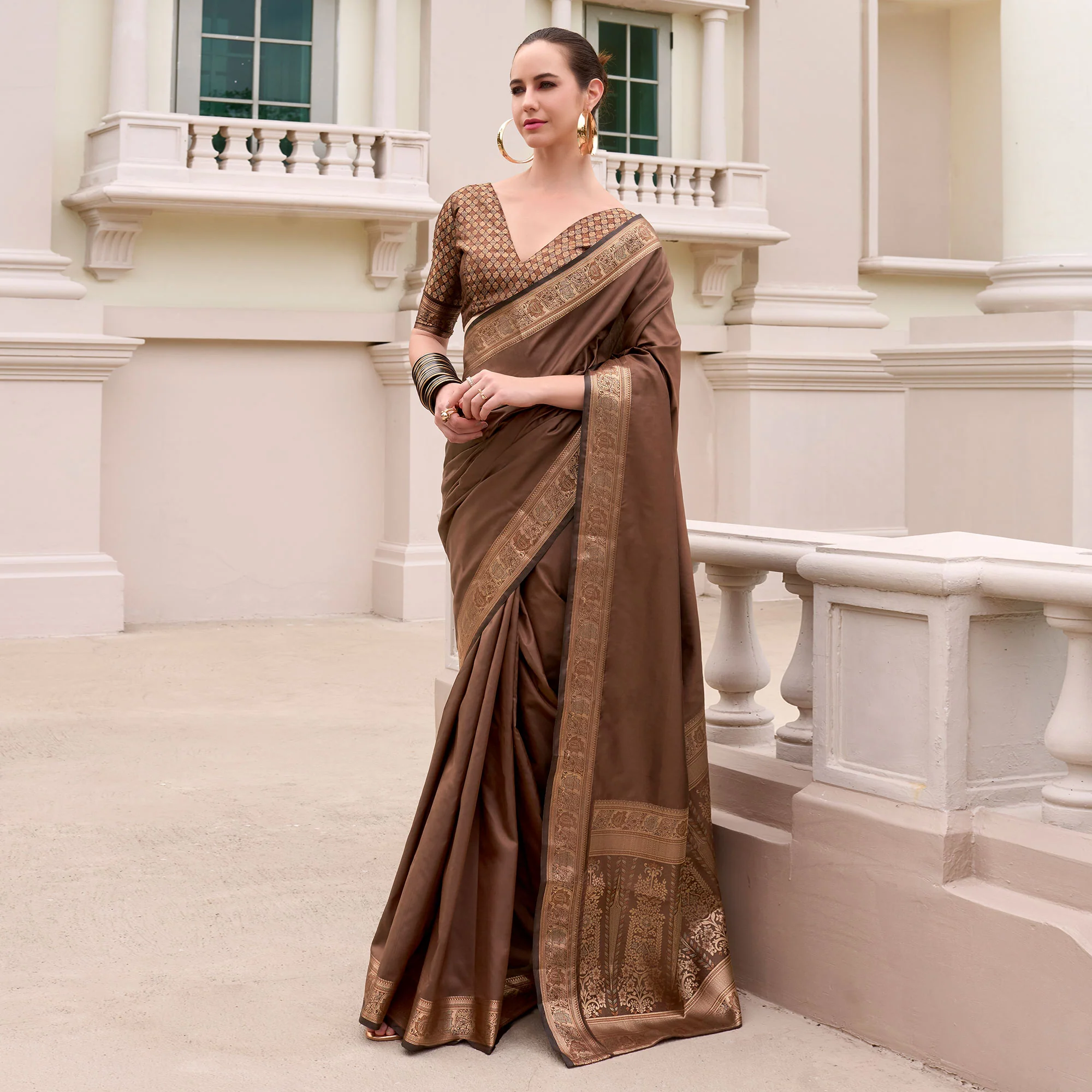 Brown Woven Banarasi Silk Saree With Zari Border - Image 2