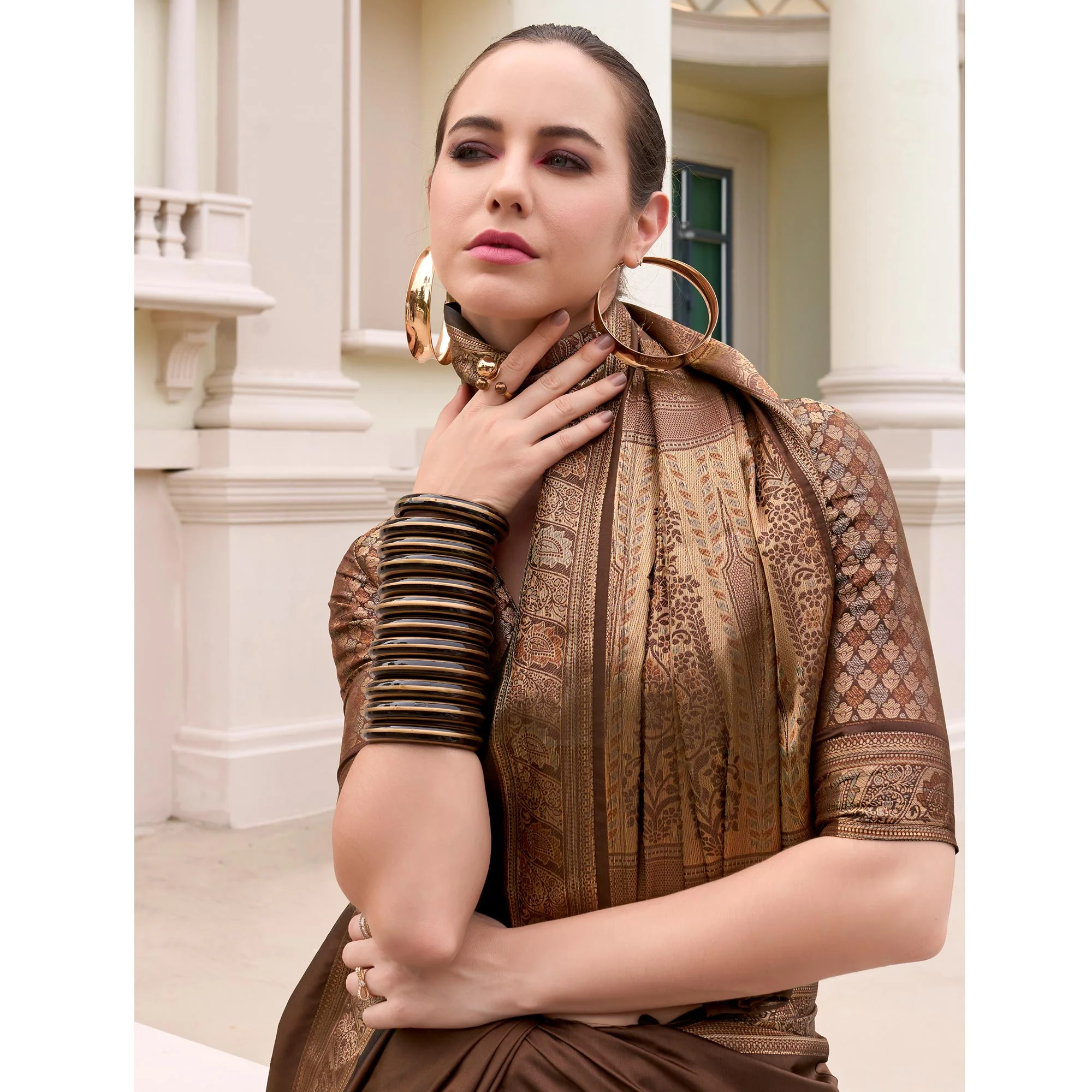 Brown Woven Banarasi Silk Saree With Zari Border - Image 6