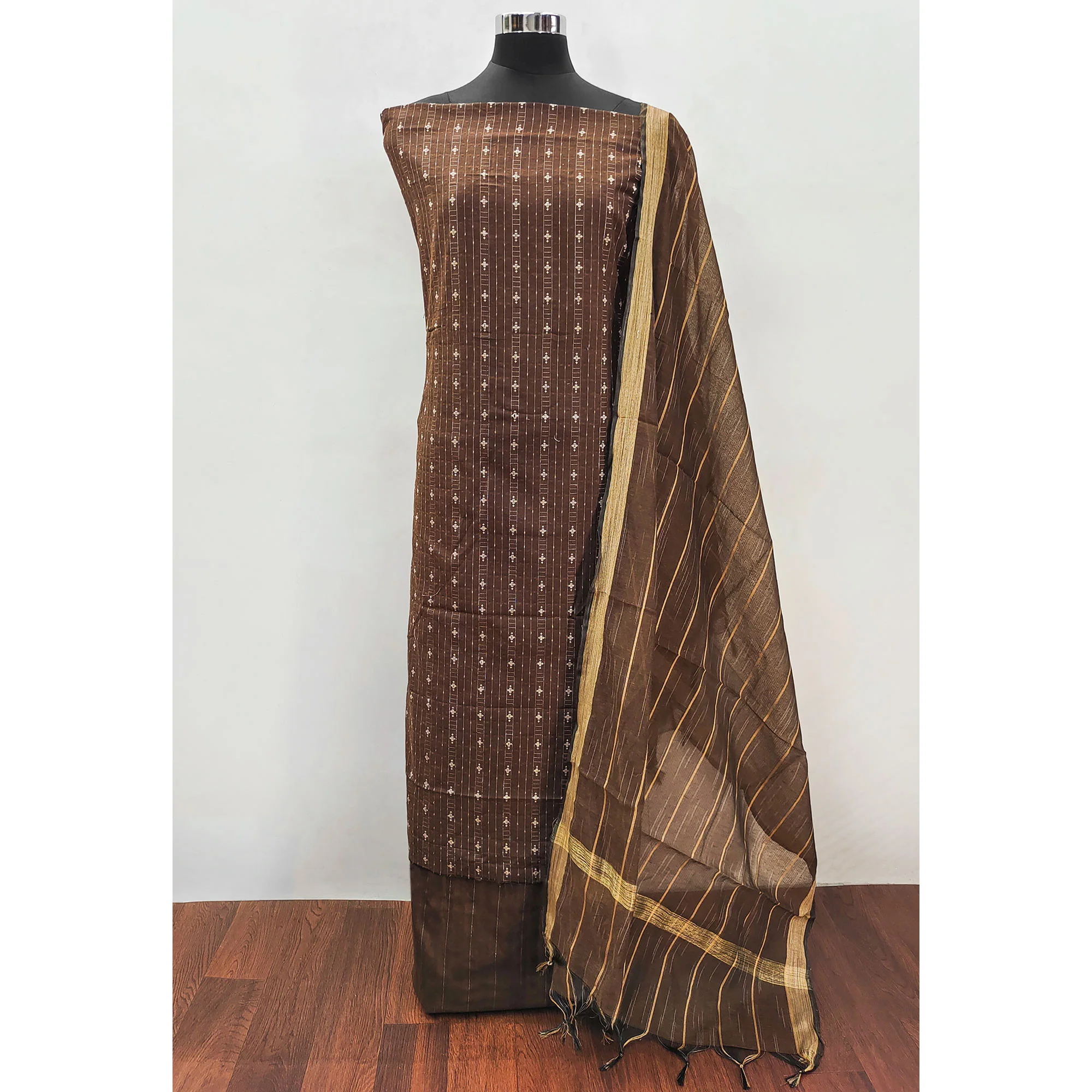 Brown Woven Pure Cotton Dress Material - Image 3