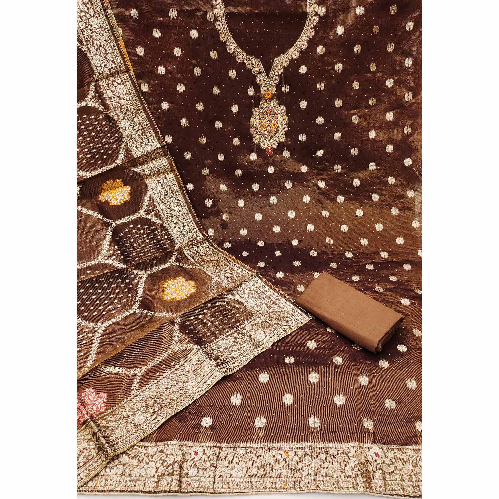 Brown Woven With Stonework Shimmer Jacquard Dress Material - Image 3
