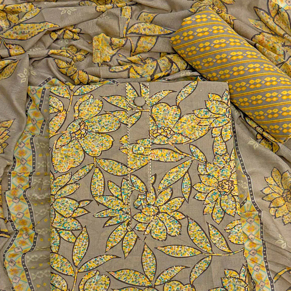 Brown & Yellow Floral Printed Pure Cotton Dress Material With Elegant Everyday Appeal - Image 2