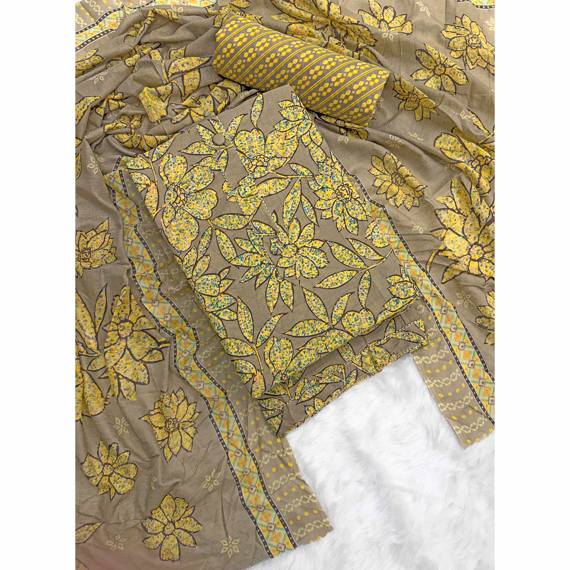 Brown & Yellow Floral Printed Pure Cotton Dress Material With Elegant Everyday Appeal - Image 3