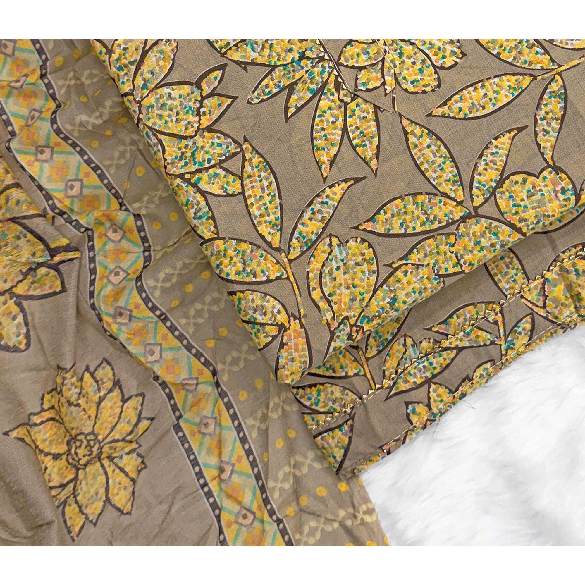 Brown & Yellow Floral Printed Pure Cotton Dress Material With Elegant Everyday Appeal - Image 5