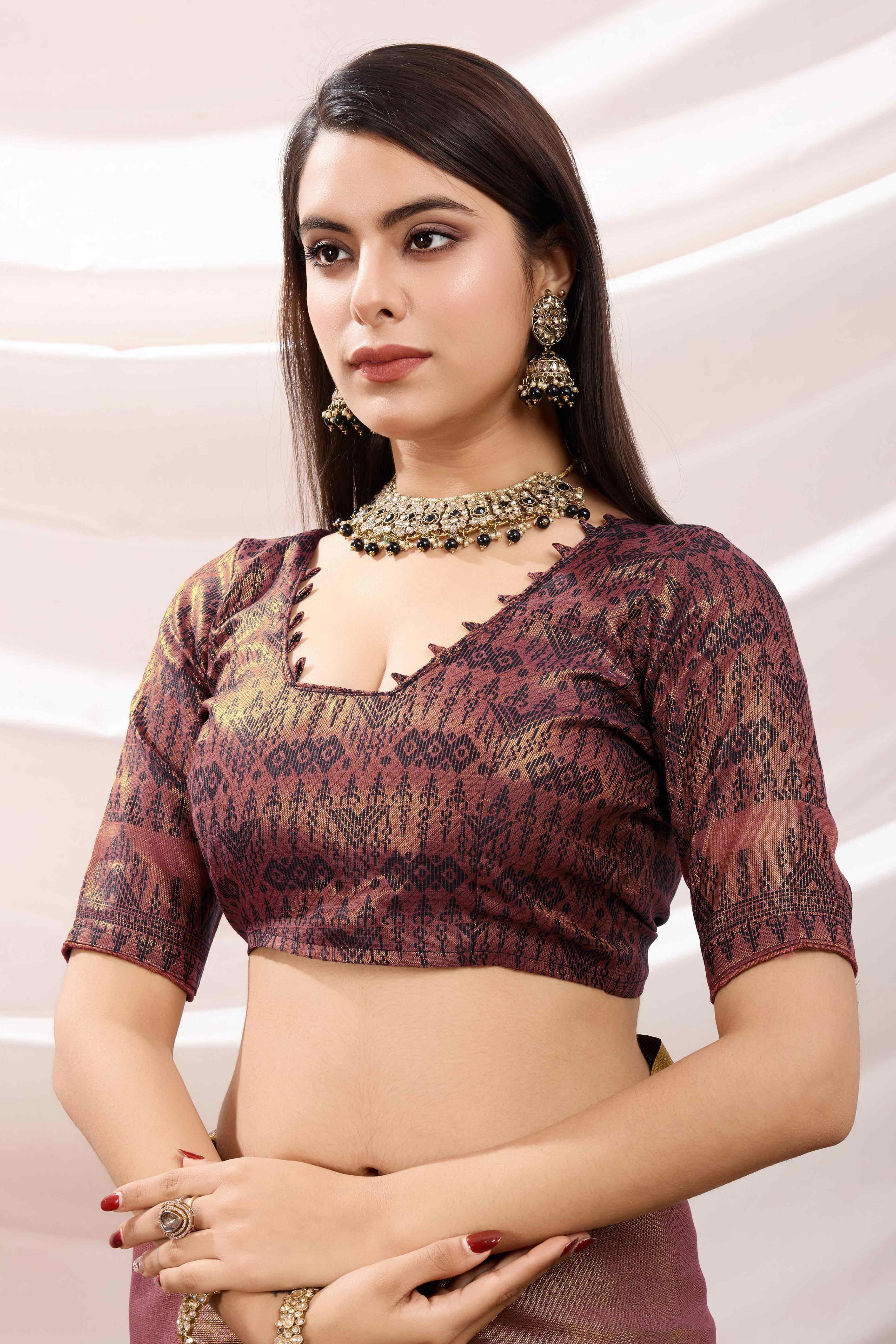 Brownish Maroon Festive Linen Tissue Saree with Zari Borders - Image 7