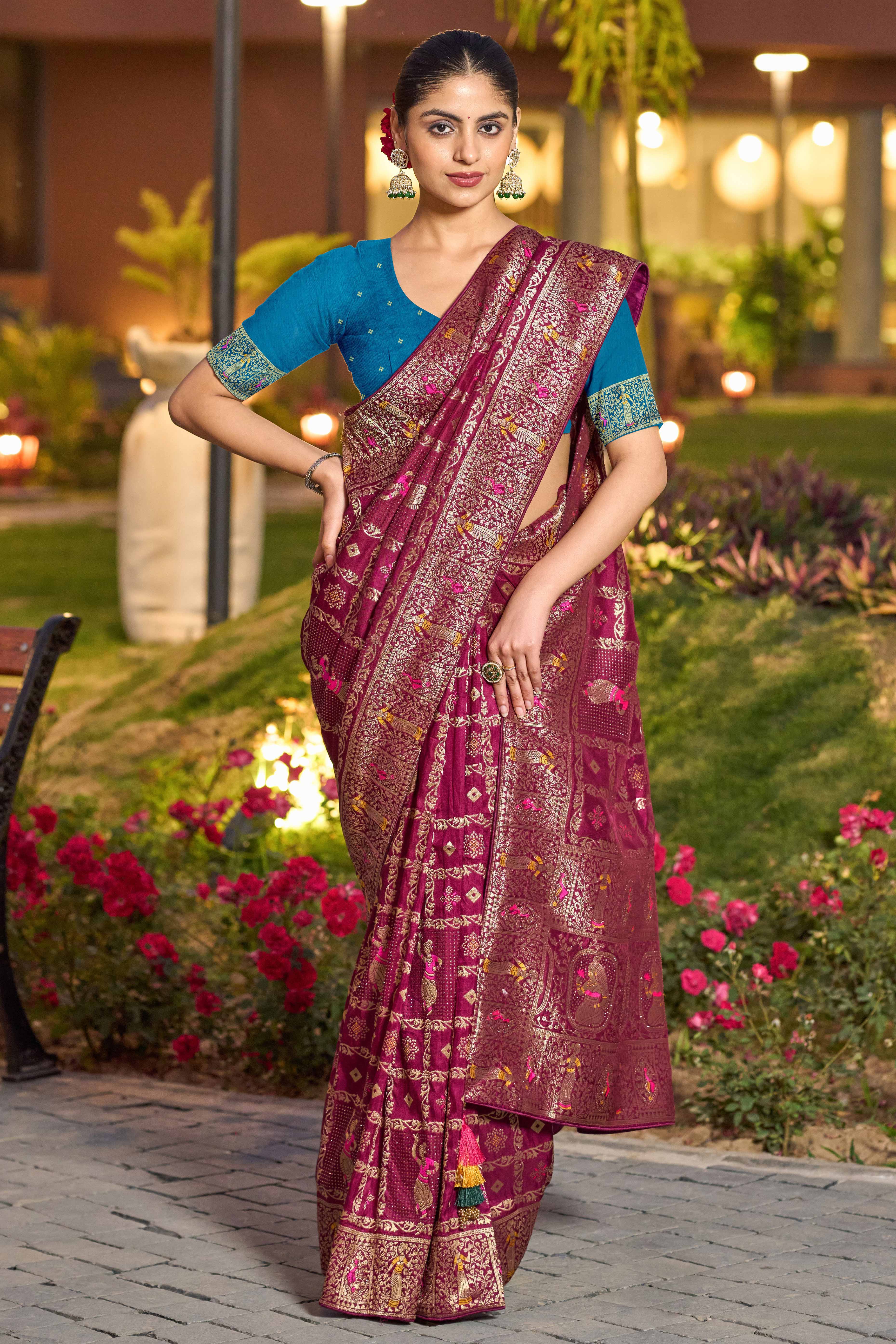 Burgundy Dola Silk Saree Featuring Intricate Gharchola Woven Design - Image 3