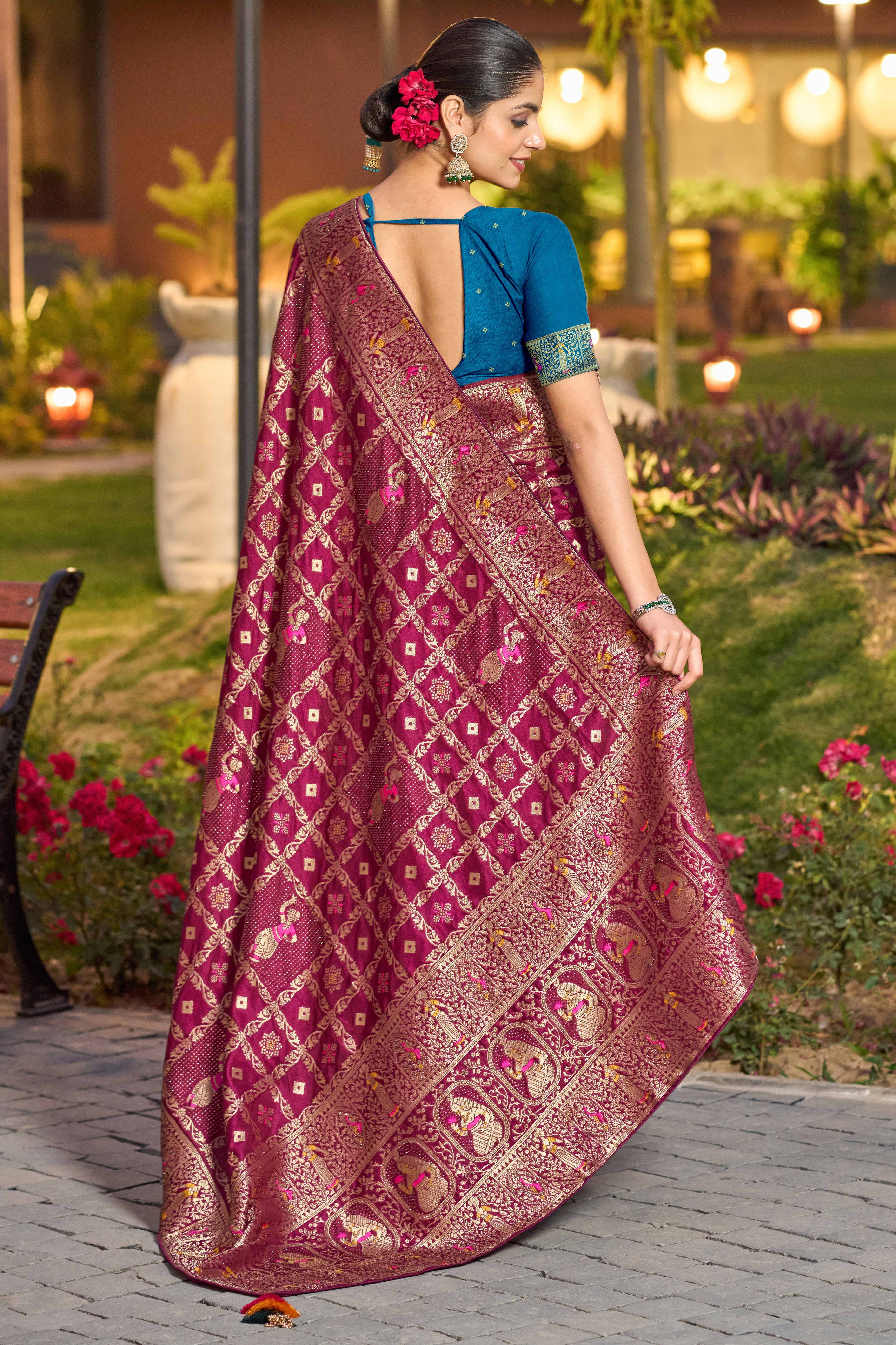 Burgundy Dola Silk Saree Featuring Intricate Gharchola Woven Design - Image 5