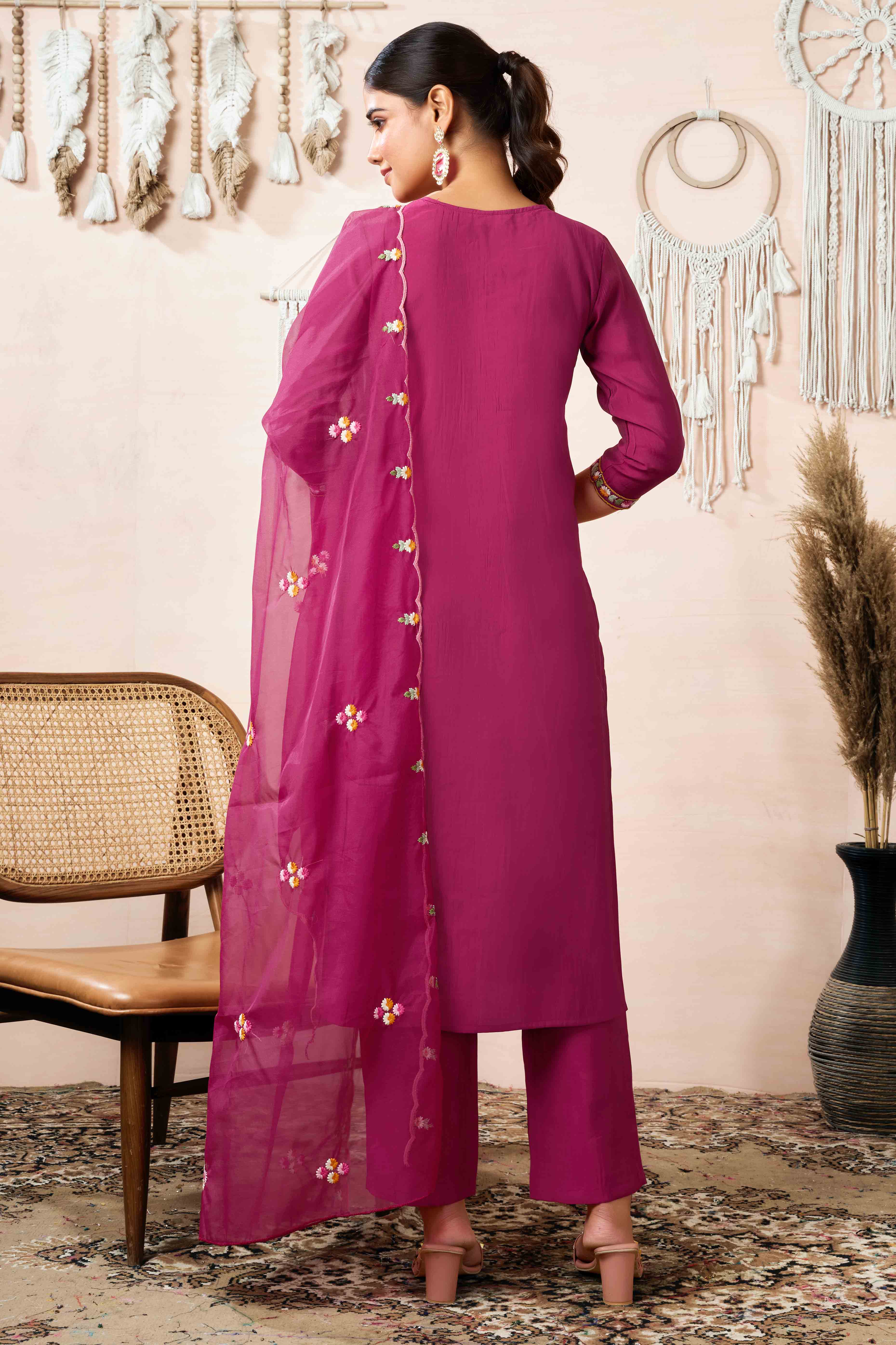 Burgundy Floral Embroidered Chanderi Silk Straight Salwar Suit - Image 4