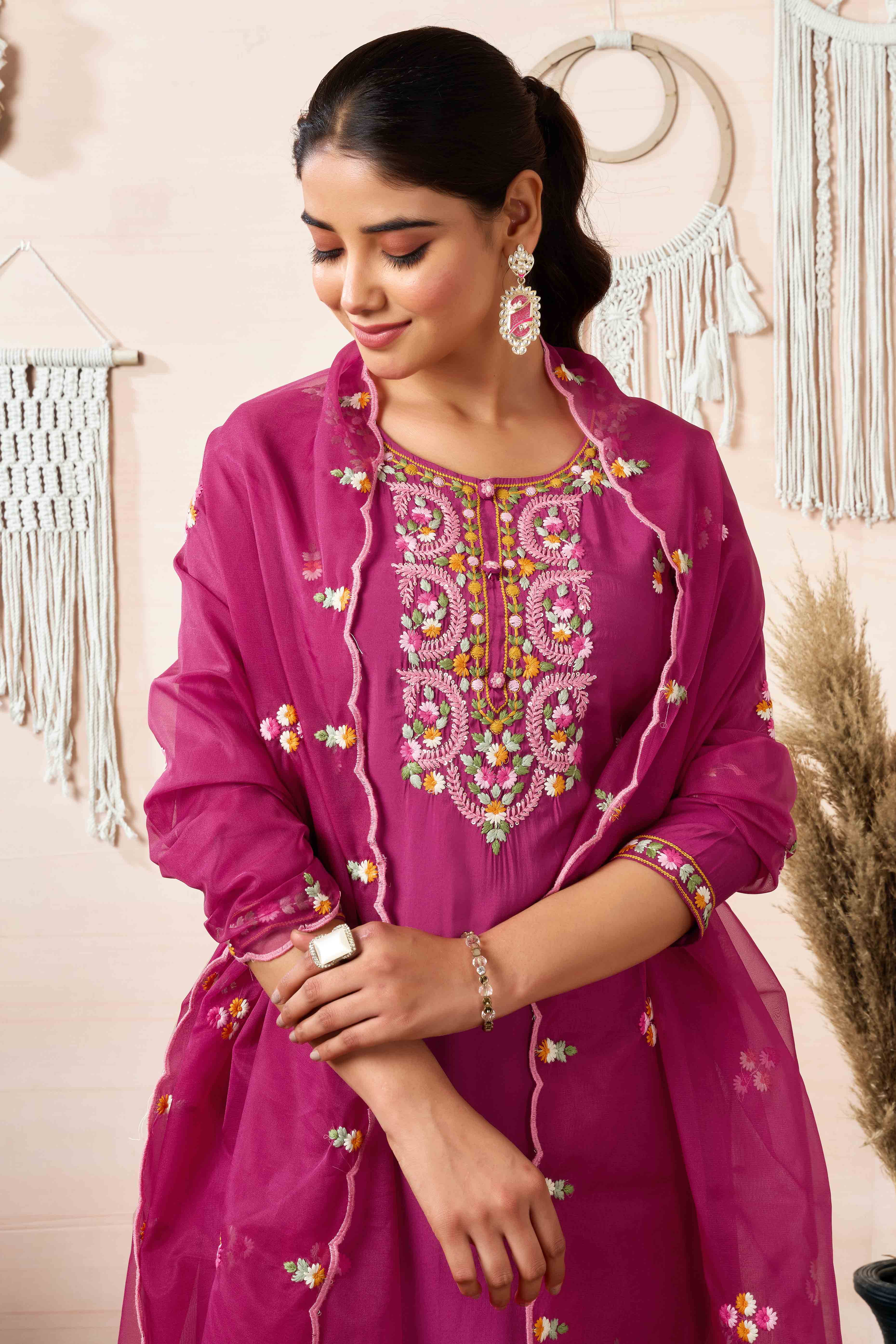 Burgundy Floral Embroidered Chanderi Silk Straight Salwar Suit - Image 5