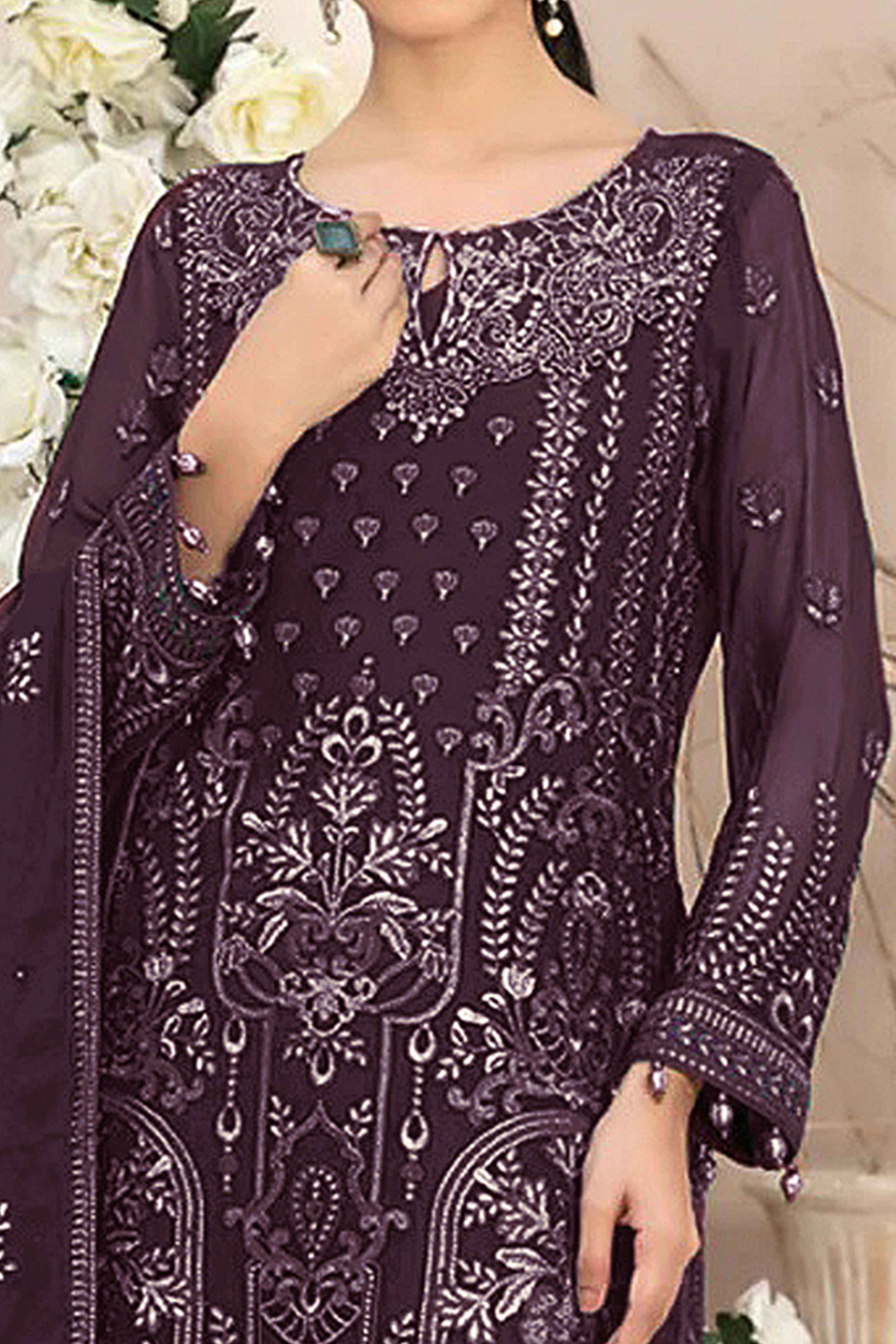 Burgundy Floral Embroidered Georgette Dress Material - Image 2