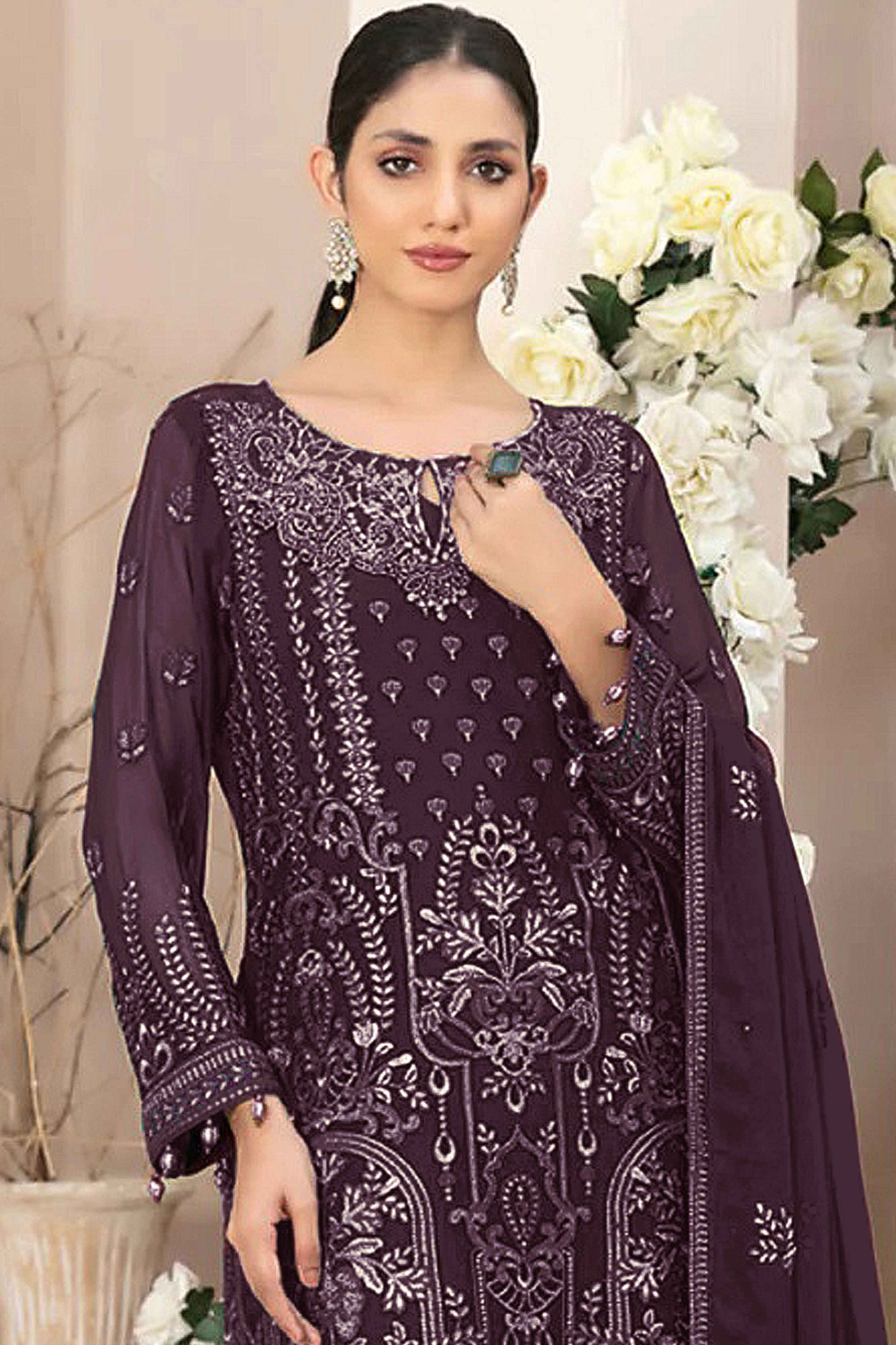 Burgundy Floral Embroidered Georgette Dress Material - Image 3