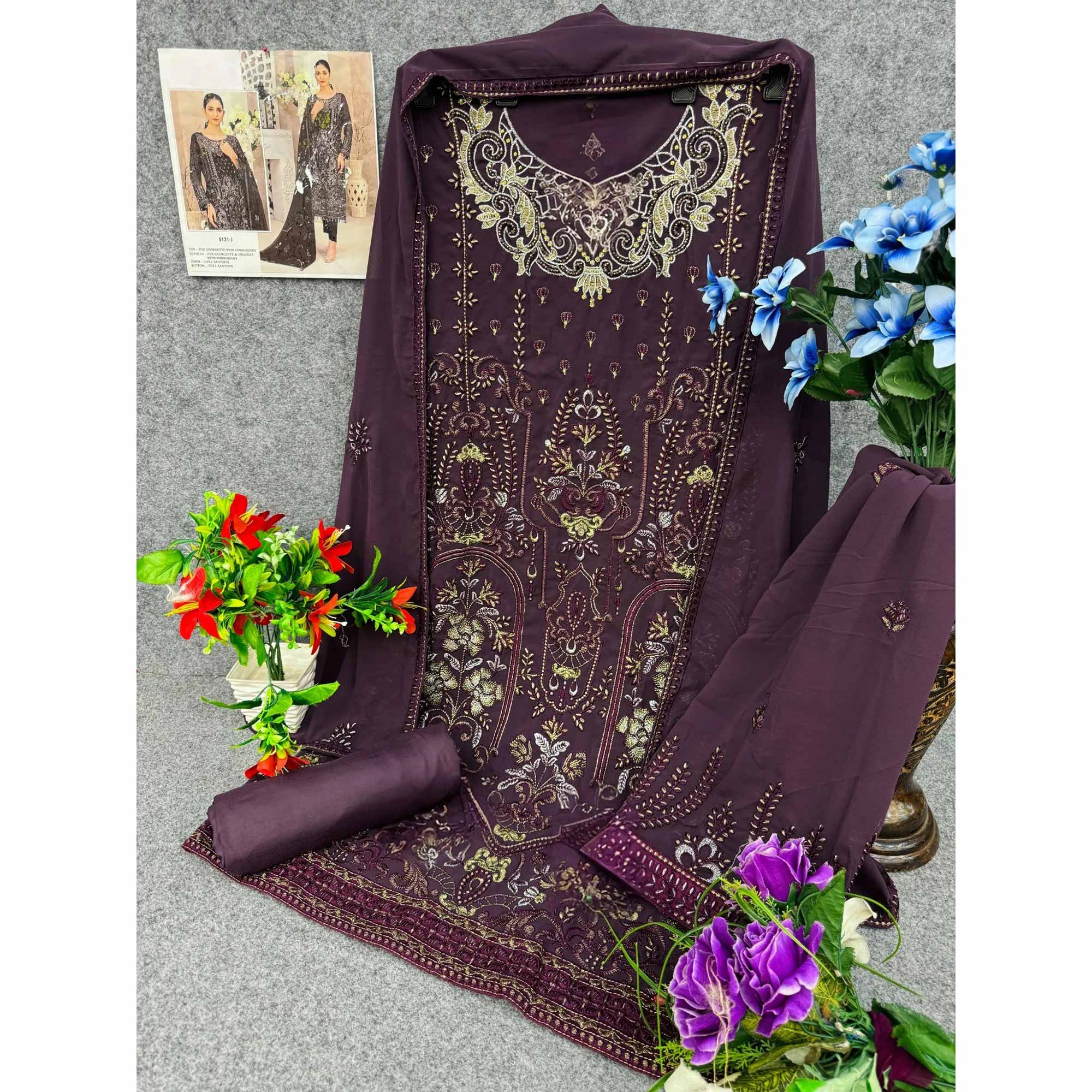 Burgundy Floral Embroidered Georgette Dress Material - Image 4
