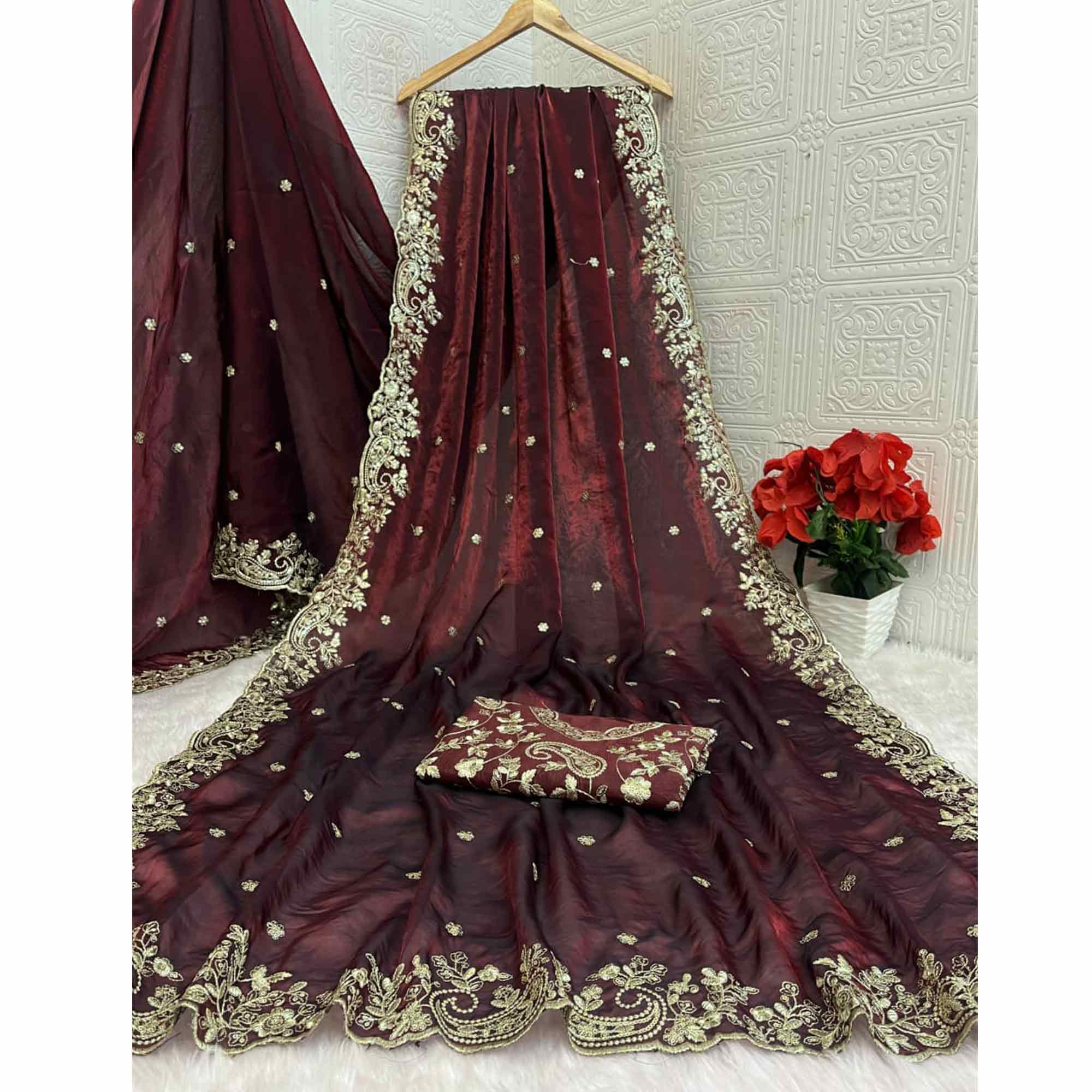 Burgundy Partywear Organza Satin Silk Crush Saree with Delicate Floral Embroidery - Image 3