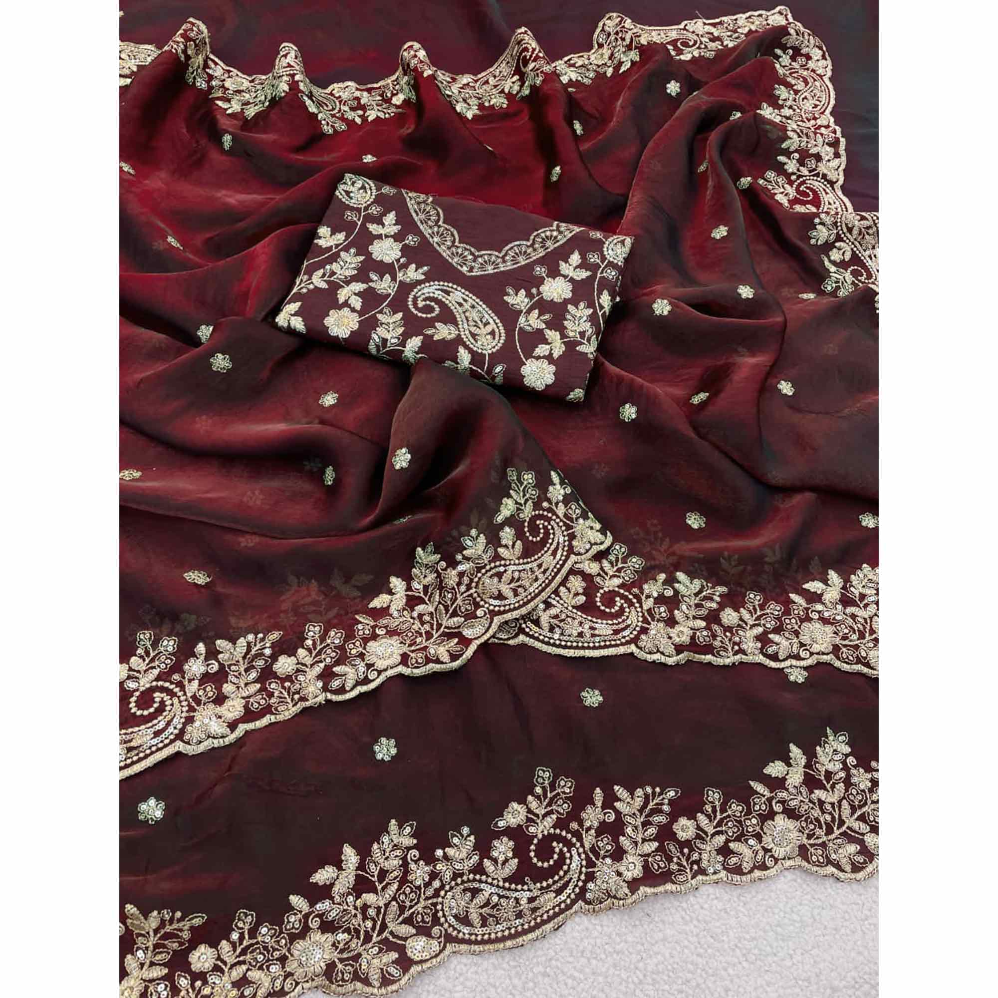 Burgundy Partywear Organza Satin Silk Crush Saree with Delicate Floral Embroidery - Image 5