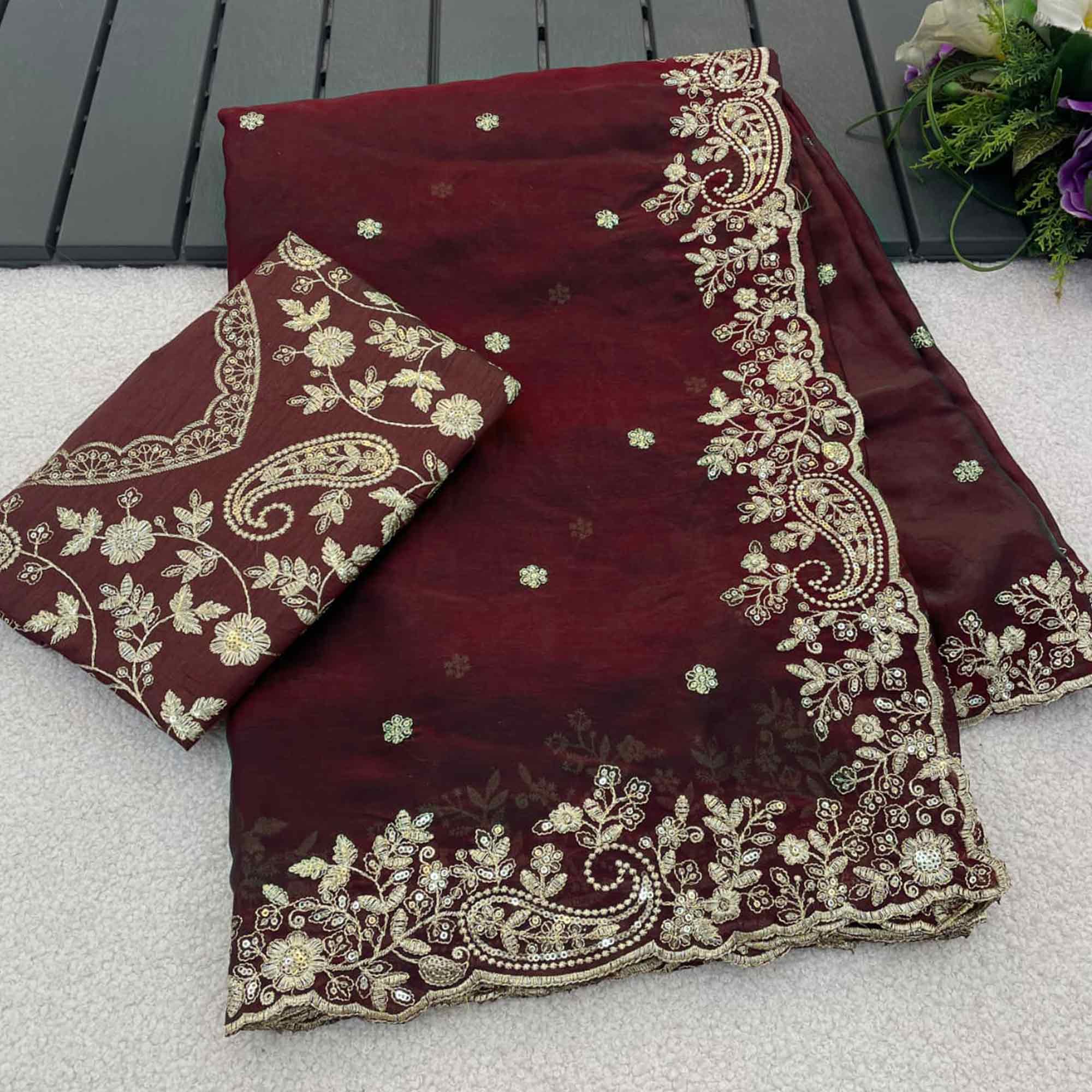 Burgundy Partywear Organza Satin Silk Crush Saree with Delicate Floral Embroidery - Image 7