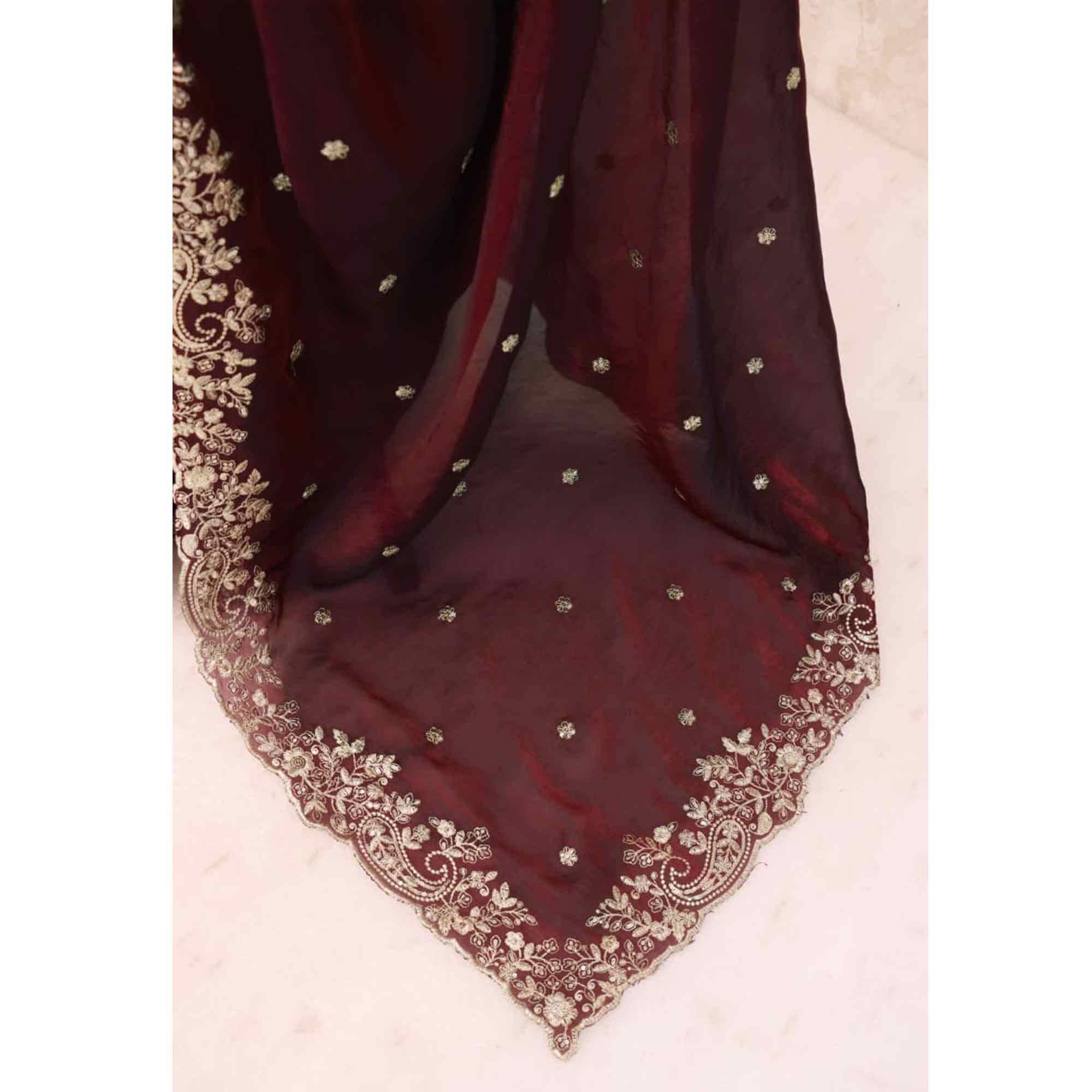 Burgundy Partywear Organza Satin Silk Crush Saree with Delicate Floral Embroidery - Image 8