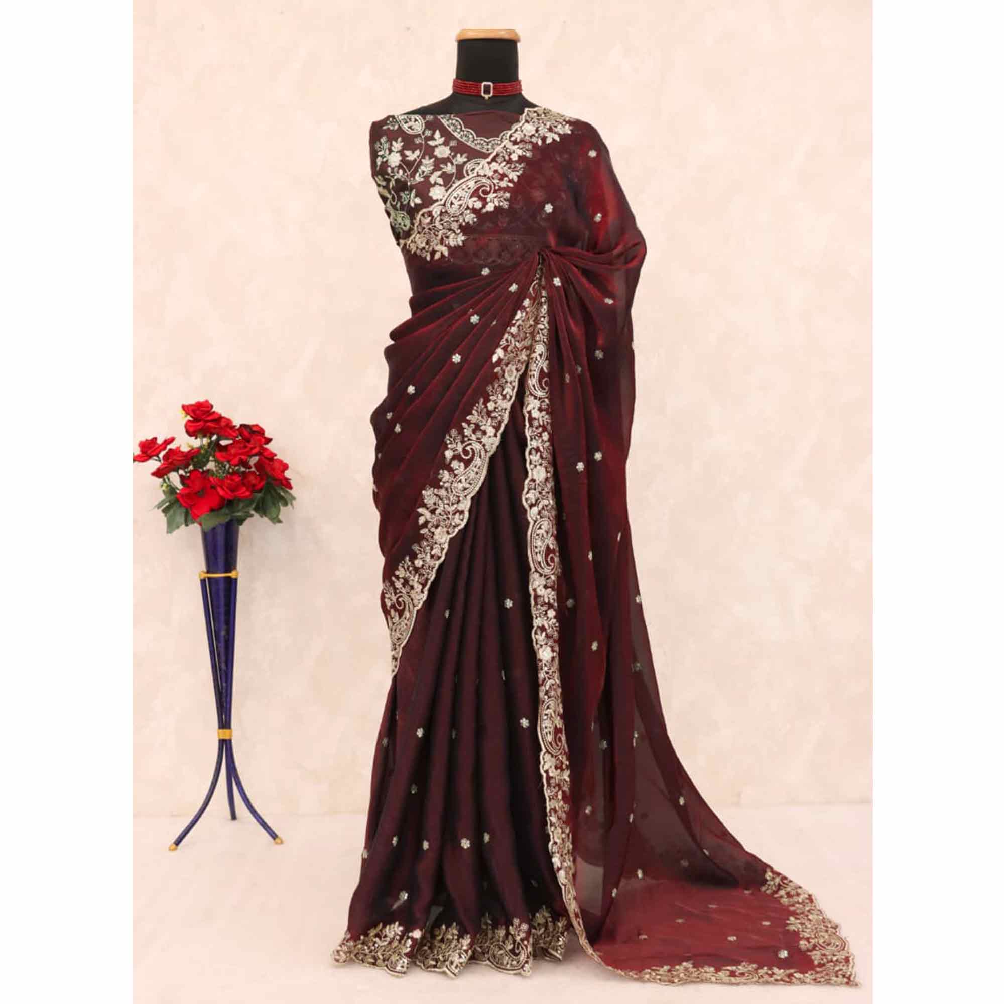 Burgundy Partywear Organza Satin Silk Crush Saree with Delicate Floral Embroidery - Image 9