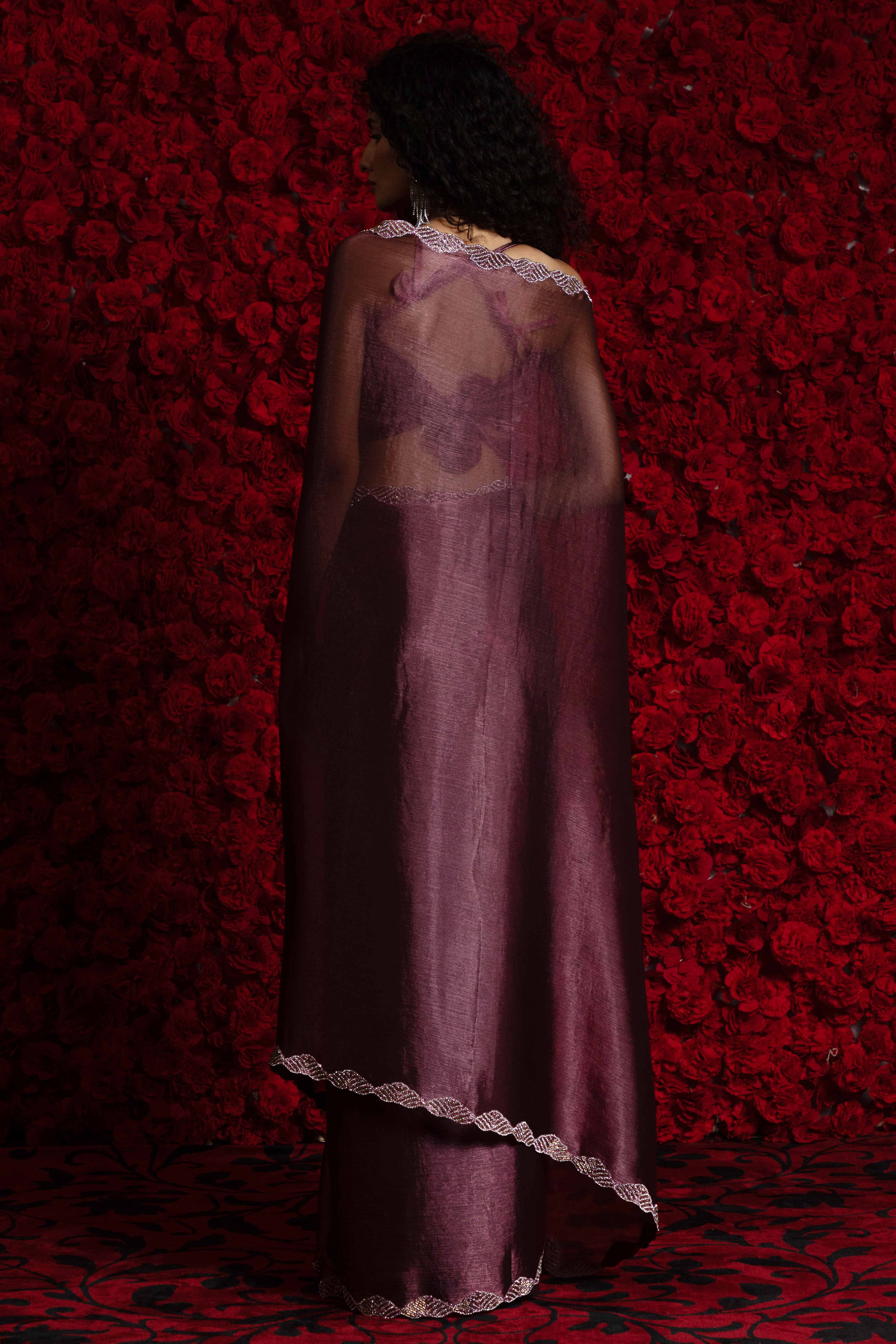 Burgundy Solid Tissue Chiffon Saree Accentuated With A Sparkling Zarkan Work Border - Image 4