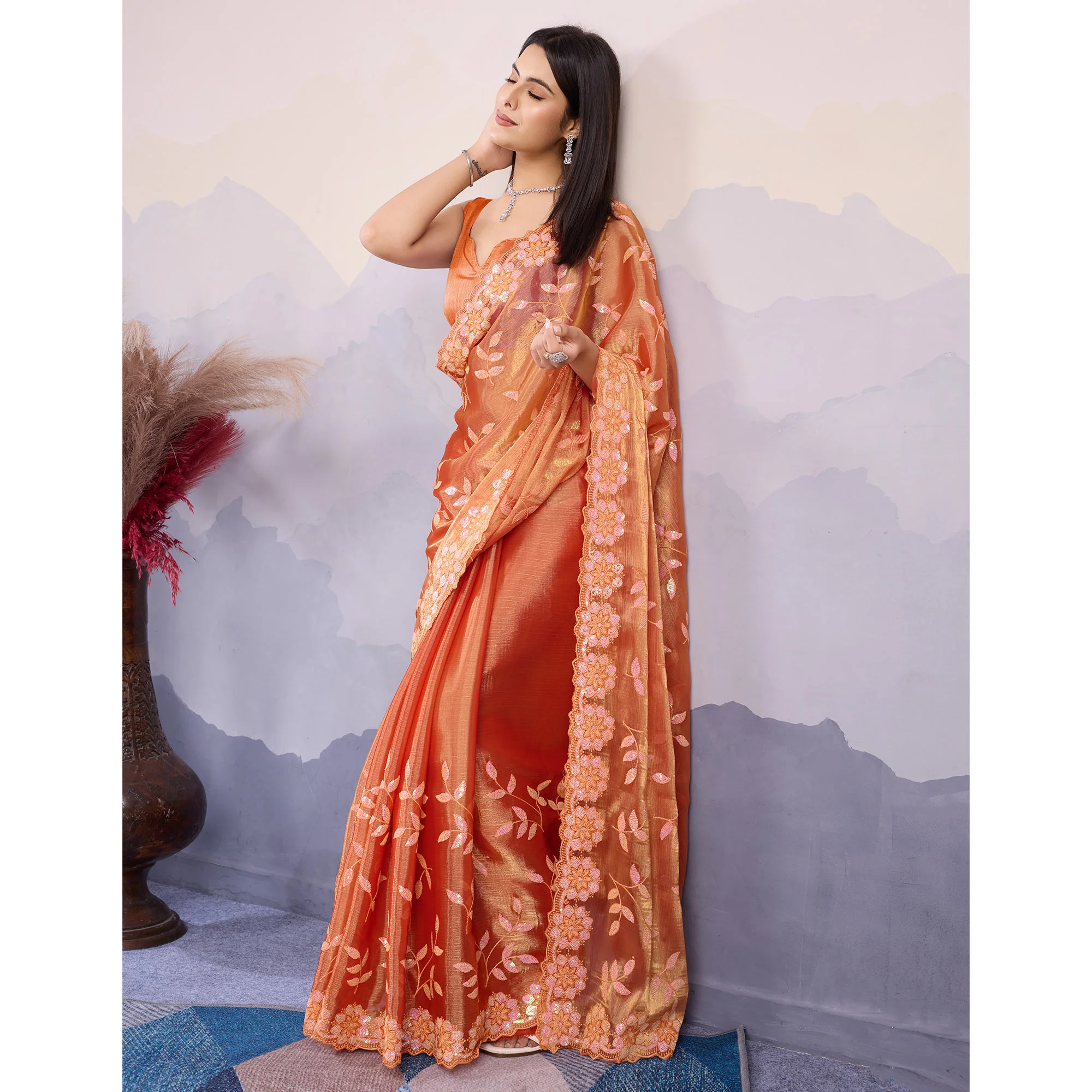 Burnt Orange Sequins Embroidered Art Silk Saree - Image 5