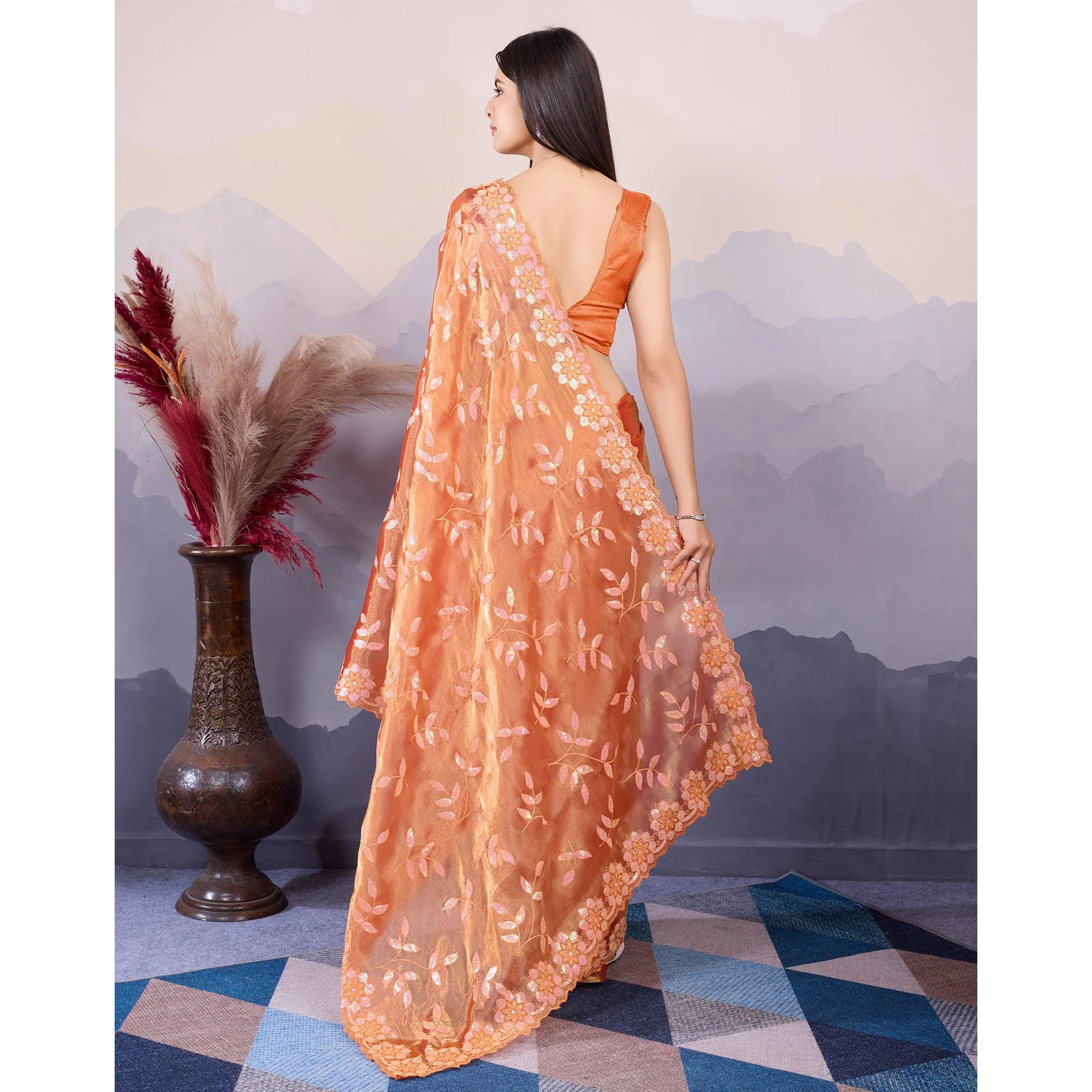 Burnt Orange Sequins Embroidered Art Silk Saree - Image 6