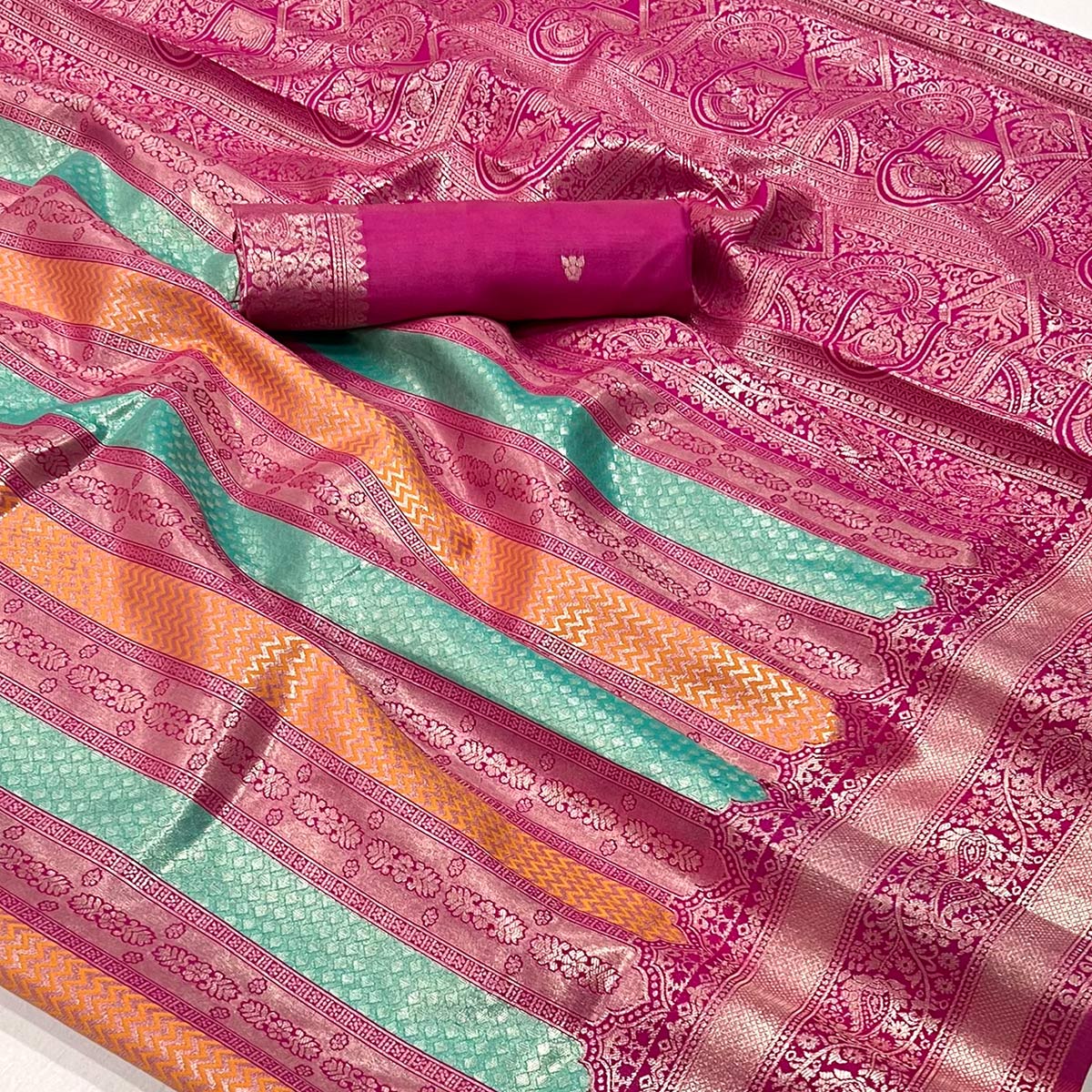 Burnt Pink Zari Weaving Kanjivaram Silk Saree - Image 2