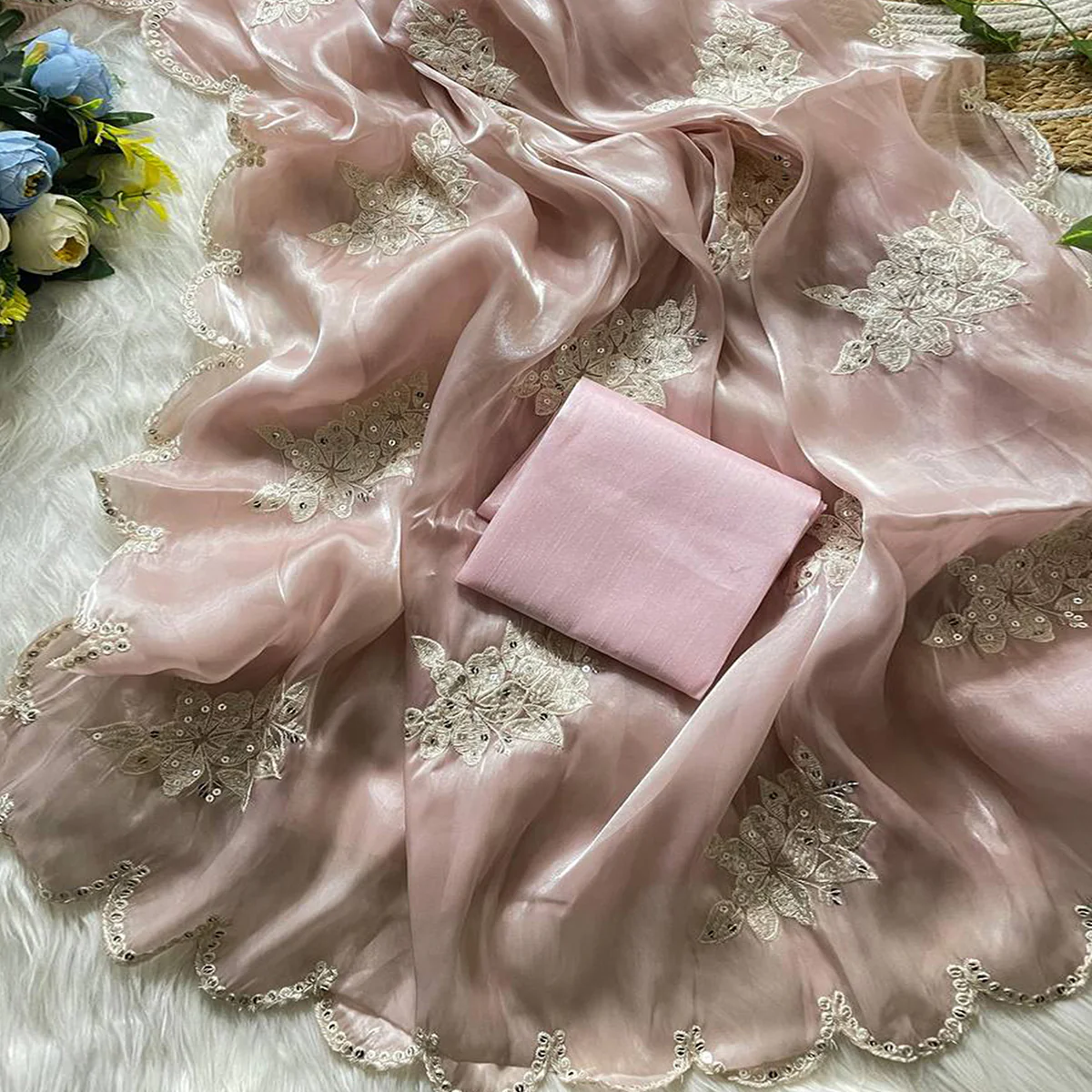 Captivating Pink Floral Thread Embroidered Jimmy Choo Satin Saree With Gleaming Sequins Work - Image 2