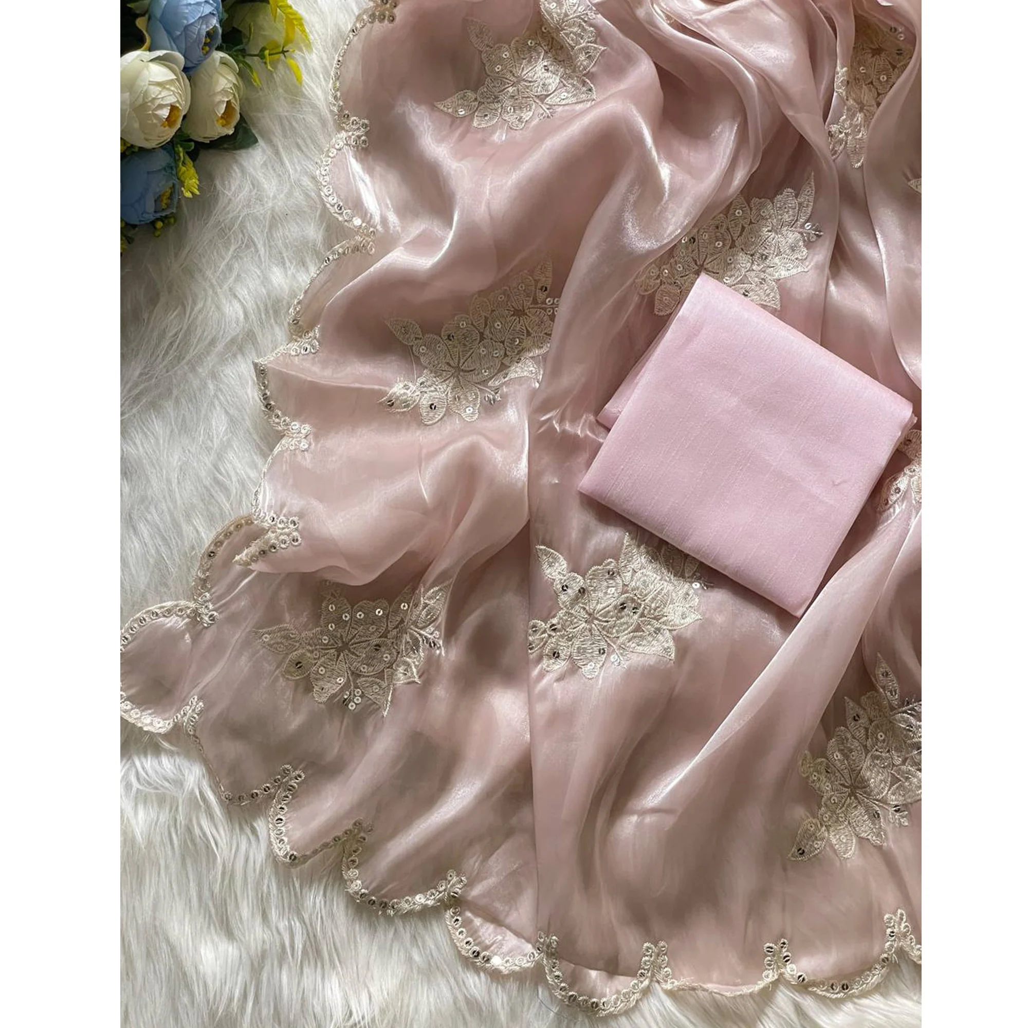 Captivating Pink Floral Thread Embroidered Jimmy Choo Satin Saree With Gleaming Sequins Work - Image 4