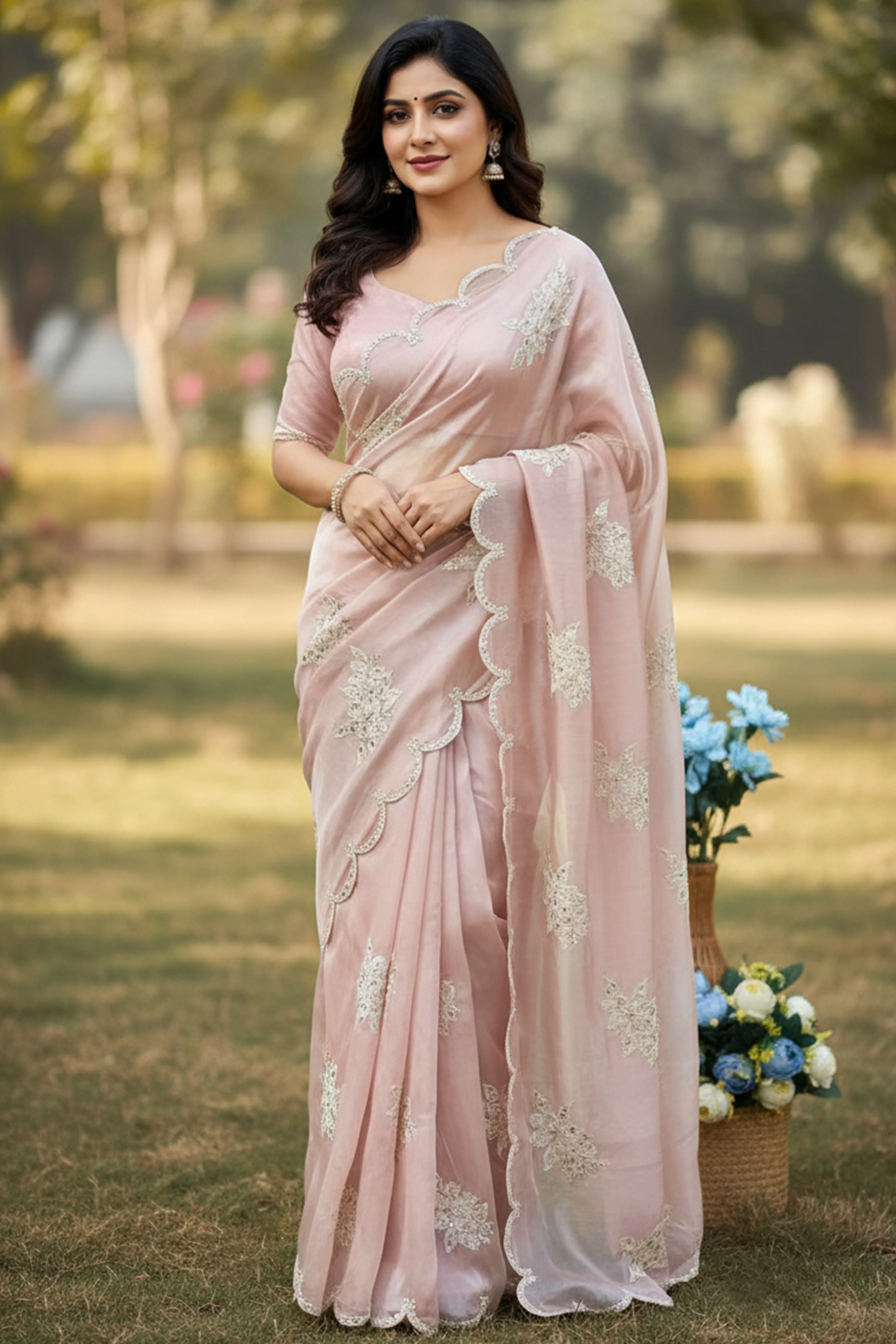 Captivating Pink Floral Thread Embroidered Jimmy Choo Satin Saree With Gleaming Sequins Work - Image 5